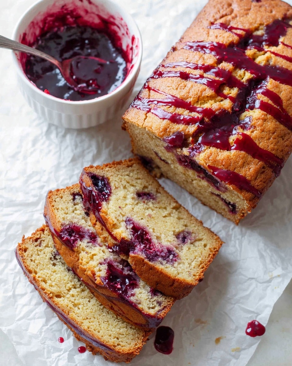 A loaf of moist, light brown cake with dark purple jam swirled in and drizzled on top in thin lines, sitting on white parchment paper with two thick slices cut from it showing the jam marbled inside; beside it is a white bowl with leftover jam inside, placed on a white marbled surface. photo taken with an iphone --ar 4:5 --v 7