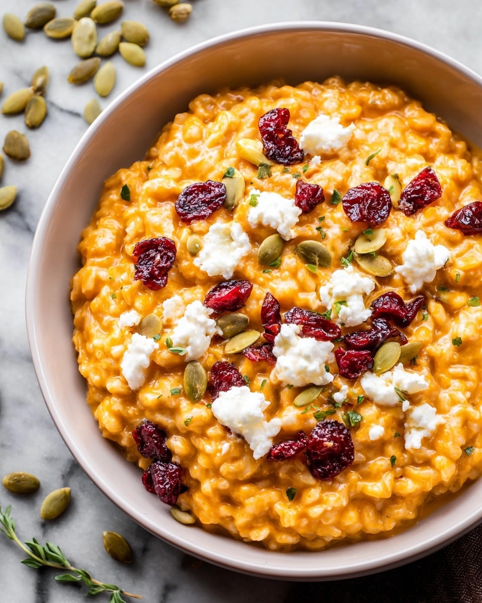 The dish is served in a white bowl filled with a creamy, thick, orange risotto that has a smooth but slightly textured surface. Scattered on top are bright red dried cranberries, soft white dollops of cheese, and pale green pumpkin seeds. Small green herb bits sprinkle the dish for a touch of color contrast. The bowl sits on a white marbled surface with some pumpkin seeds loosely spread around. photo taken with an iphone --ar 4:5 --v 7