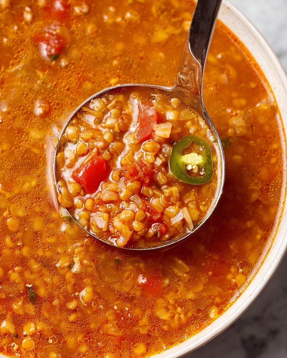 A close-up view of a thick soup with a rich orange-brown broth, filled with soft, tender grains and small pieces of diced red tomatoes. The soup shows bits of cooked onions, lentils, and a slice of green jalapeño pepper floating near the surface. A shiny metal ladle is scooping a portion of the soup, showing the mix of ingredients clearly inside it, with visible soft textures and slightly oily surface bubbles. The dish is in a white bowl on a white marbled texture surface. Photo taken with an iphone --ar 4:5 --v 7