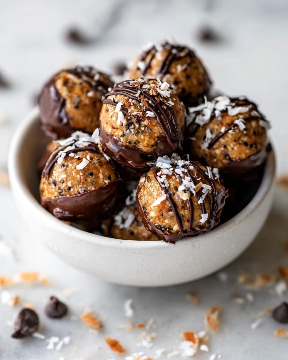 A white bowl filled with round energy balls that have a light brown base textured with small dark seeds and bits throughout, each ball partially dipped in a glossy dark brown chocolate layer at the bottom. Some balls are drizzled on top with thin lines of chocolate and sprinkled with white, flaky coconut pieces. The bowl rests on a white marbled surface with some blurred chocolate chips scattered around. Photo taken with an iphone --ar 4:5 --v 7