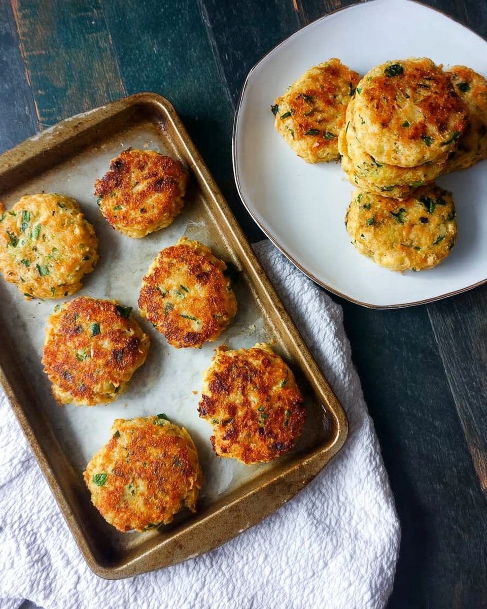 The image shows a baking tray with seven golden-brown, round baked patties that have a slightly rough texture with visible green herbs mixed into them. The patties look soft and a little crispy on the edges. Below the tray, there is a white marbled cloth, and on the white marbled surface next to the tray, a white plate holds four more of these patties, stacked loosely. The surface under everything is dark with a wood-like texture, creating contrast with the light elements. The overall look is warm and fresh, with the patties as the main focus. photo taken with an iphone --ar 4:5 --v 7