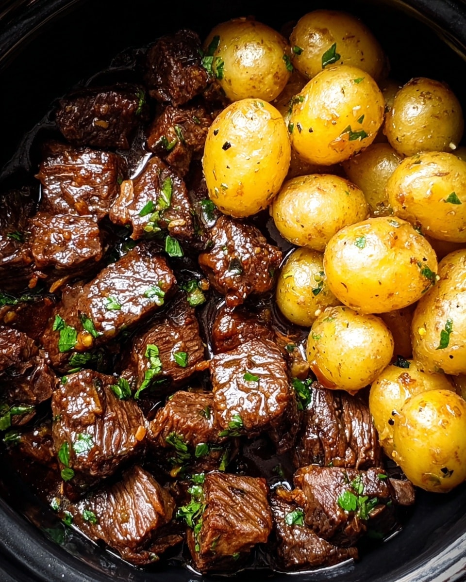 This image shows a close-up of a dish in a black bowl, divided into two main parts. On the left side, there are many pieces of cooked beef with a rich dark brown color and some green herbs sprinkled on top. The beef looks juicy with a shiny texture from the sauce. On the right side, there is a pile of small golden-yellow potatoes that look soft and slightly shiny, with small black pepper specks and a few green herbs scattered over them. The beef and potatoes fill the bowl closely, creating a contrast between the dark meat and the lighter potatoes. Photo taken with an iphone --ar 4:5 --v 7