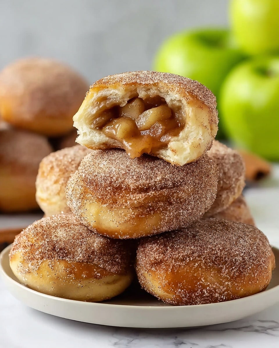 A stack of round cinnamon sugar-coated rolls is placed on a simple white plate sitting on a white marbled surface. The rolls have a light golden brown crust covered in a fine, sparkly layer of cinnamon sugar. The top roll is cut open, showing a soft, fluffy dough layer on the outside and a thick, gooey apple cinnamon filling inside, with chunky pieces of apple visible. The background shows blurred green apples and more rolls, enhancing the warm and cozy feeling of the dish. photo taken with an iphone --ar 4:5 --v 7