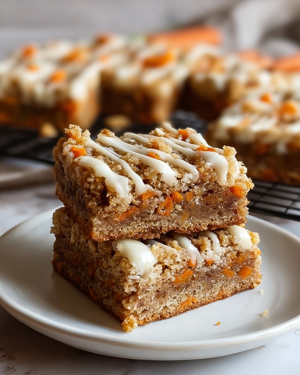 Two square pieces of carrot cake bars are stacked on a white plate. The bottom layer is a moist, light brown cake with visible small chunks of orange carrot throughout. The top layer is a crispy, crumbly topping also mixed with small carrot pieces, covered with three thick, white lines of icing drizzled across it. In the background, more similar bars are slightly out of focus on a rack. The whole scene is set on a white marbled surface. photo taken with an iphone --ar 4:5 --v 7