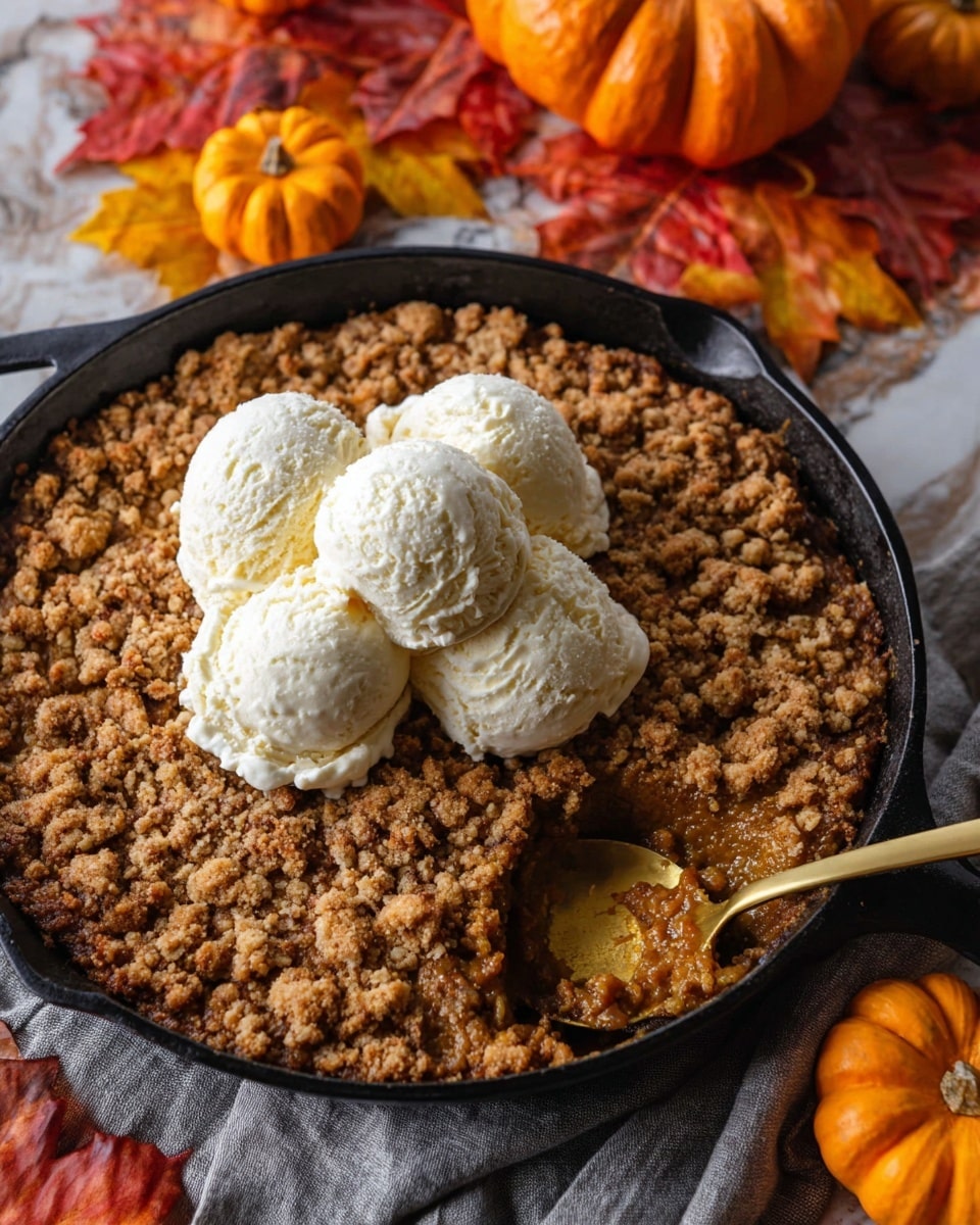 A round black skillet filled with two main layers: the bottom layer is a moist, dark golden-brown pumpkin filling with a soft texture, partially scooped out by a gold spoon showing its thick, dense inside; the top layer is a crumbly, light brown streusel crust covering most of the surface. On top of the crust sit three evenly spaced scoops of creamy, off-white vanilla ice cream, slightly melting and blending at the edges. The skillet rests on a gray napkin, all placed against a background of colorful fall leaves and small orange pumpkins, with a white marbled texture visible underneath. photo taken with an iphone --ar 4:5 --v 7