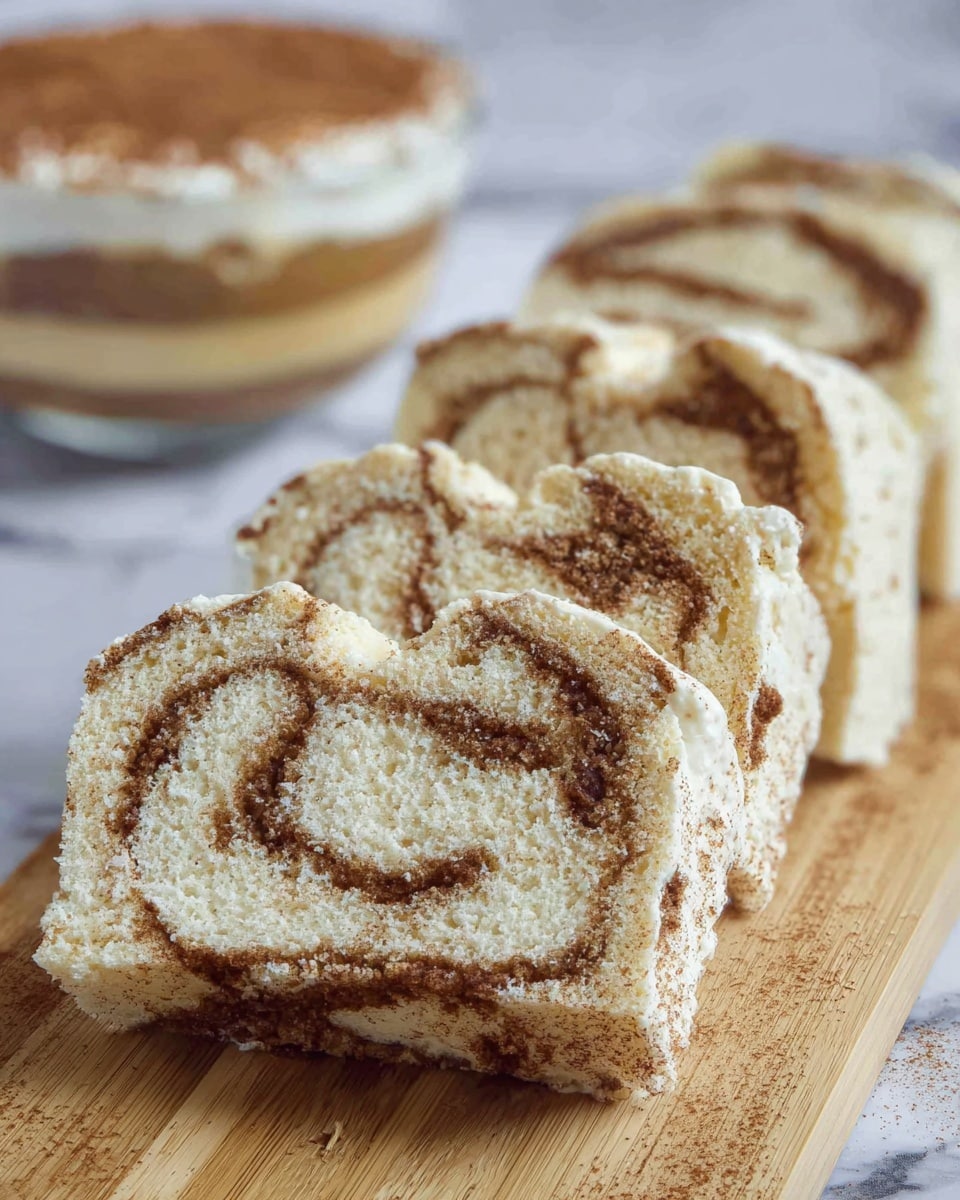 The image shows several slices of a light-colored cake with visible layers, laid out in a row on a wooden board. Each slice has a swirl pattern of brown powder, likely cinnamon, giving texture and contrast inside the soft-looking cake. In the background, there is a clear glass bowl with a layered dessert featuring beige and white layers topped with a dusting of brown powder. The whole setup is on a white marbled surface. photo taken with an iphone --ar 4:5 --v 7