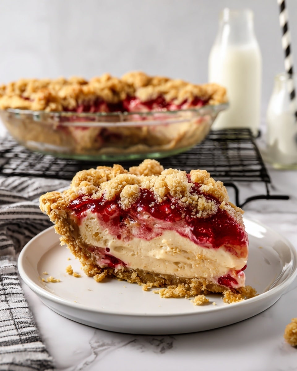 A slice of crumb-topped pie sits on a white plate in the front, showing four layers: the bottom thick golden crust, a smooth light tan cream filling above it, a layer of glossy red berry sauce with bits of fruit, and chunky golden crumb topping with a rough texture on top. Behind, the full pie is visible in a clear glass pie dish, placed on a black cooling rack on a white marbled surface. A striped straw in a small glass bottle of milk is in the background, with soft lighting highlighting the textures and colors. photo taken with an iphone --ar 4:5 --v 7