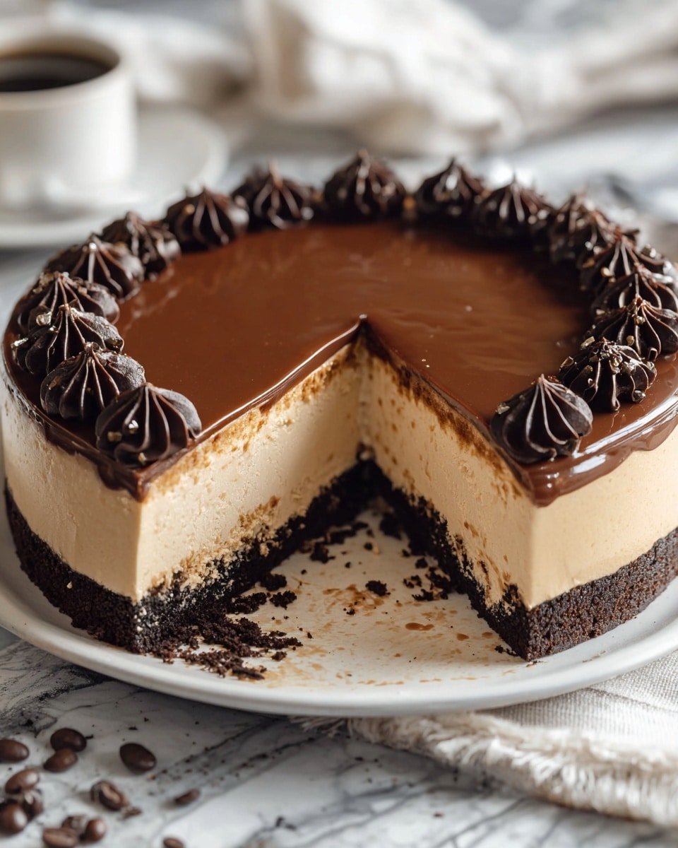 A round three-layer cake is shown with a dark brown crumbly base and a thick middle layer of light brown creamy filling, which is smooth and firm. The top layer is a shiny milk chocolate glaze, evenly spread and bordered with small, dark chocolate piped swirls around the edge. The cake is on a white plate with some scattered dark crumbs and coffee beans around it. Part of the cake has been cut out, revealing the clean, even layers inside. The background has a white marbled texture with a folded light cloth placed near the plate. photo taken with an iphone --ar 4:5 --v 7