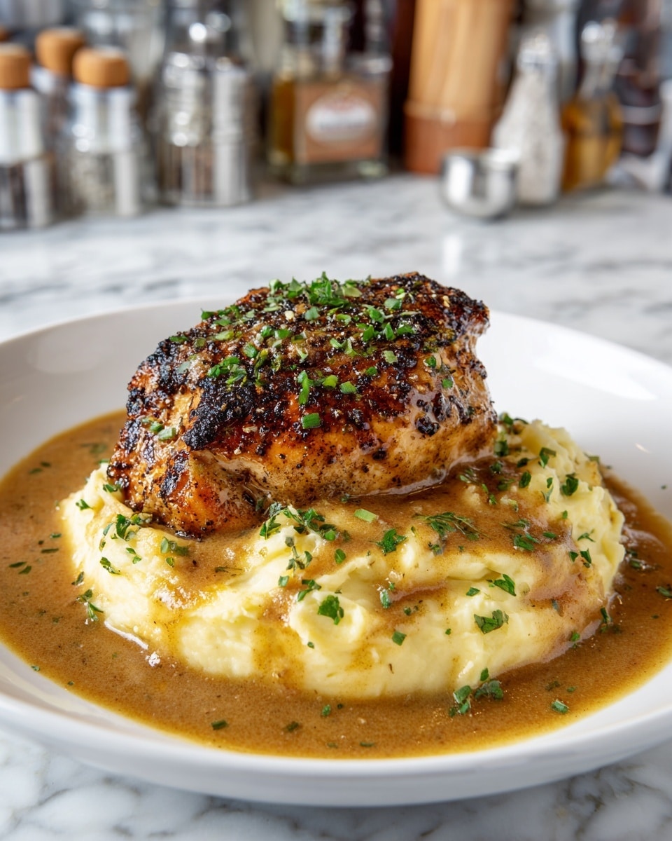 A white plate holds a thick, golden-brown piece of cooked chicken with a crisp, slightly charred texture on top, layered over a bed of creamy, pale yellow mashed potatoes. The dish is generously topped with finely chopped green herbs and bathed in a rich, brown gravy that pools around the edges of the plate, adding a glossy finish. The background is a white marbled surface with out-of-focus kitchen items, creating a warm and inviting feel. photo taken with an iphone --ar 4:5 --v 7