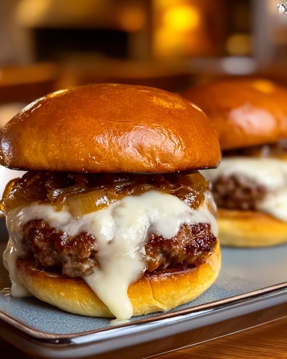 Two cheeseburgers sit side by side on a plate, each with a shiny, soft brown bun on top. The bottom layer is the bun, golden and slightly toasted, holding a thick, juicy brown beef patty. On top of the patty is a rich layer of melted white and yellow cheese, dripping down the sides. Above the cheese, there are cooked, translucent, and slightly caramelized small onion pieces. The background is softly blurred, highlighting the close-up view of the burgers. photo taken with an iphone --ar 4:5 --v 7