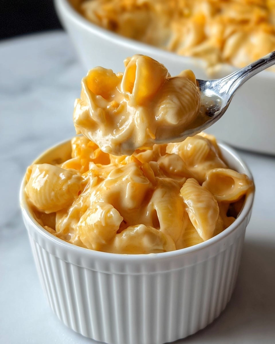 A close-up of creamy, light orange mac and cheese in a small white ribbed ceramic bowl, showing many shell-shaped pasta pieces fully coated with smooth, rich cheese sauce. A shiny silver spoon lifts a scoop of the pasta above the bowl, highlighting the soft, gooey texture of the melted cheese on the shells. In the blurry background, a larger white ceramic dish contains more mac and cheese with a creamy, thick consistency. The whole scene is set on a white marbled surface. photo taken with an iphone --ar 4:5 --v 7
