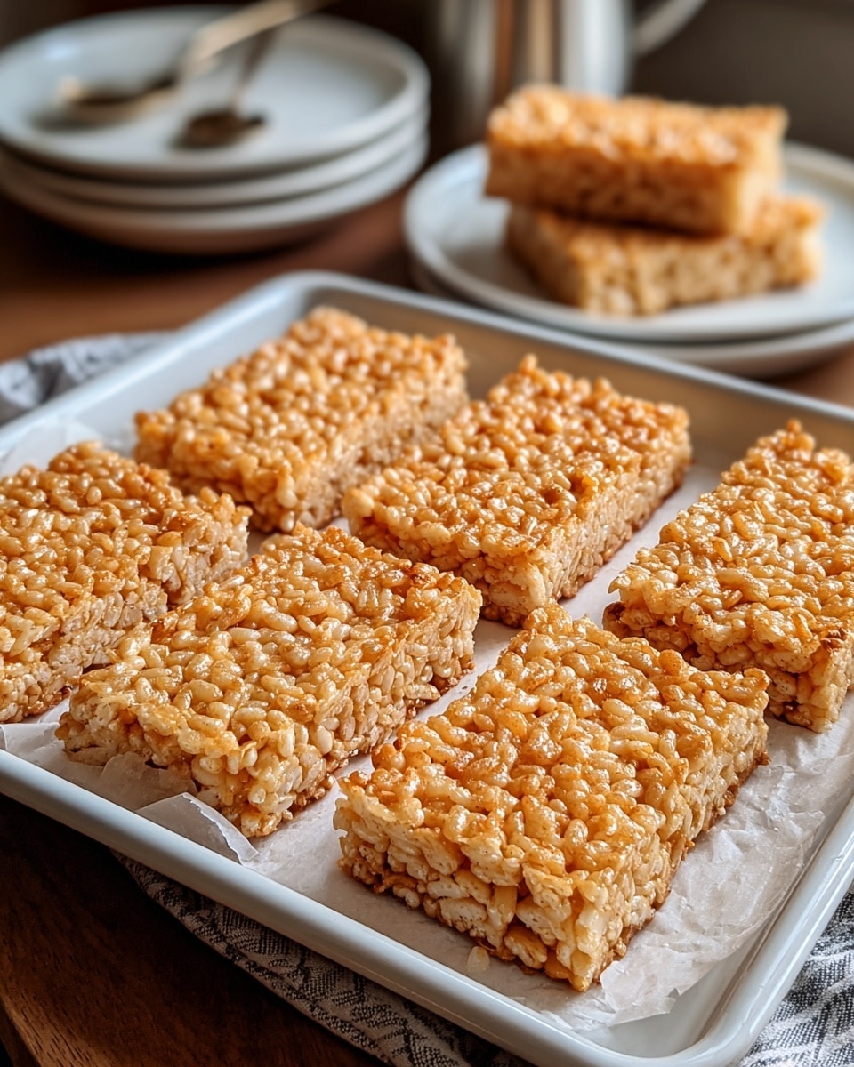 The image shows a white rectangular baking tray filled with four evenly spaced rectangular bars of golden-brown crispy rice treats. Each bar has a textured top layer with visible puffed rice grains that are slightly shiny and toasted, giving a crunchy appearance. The rice layer is thick and consistent across all bars, with some subtle darker toasted edges. The tray is placed on a white marbled surface, and the background includes blurred white plates stacked with additional rice bars and a silver container. Photo taken with an iphone --ar 4:5 --v 7