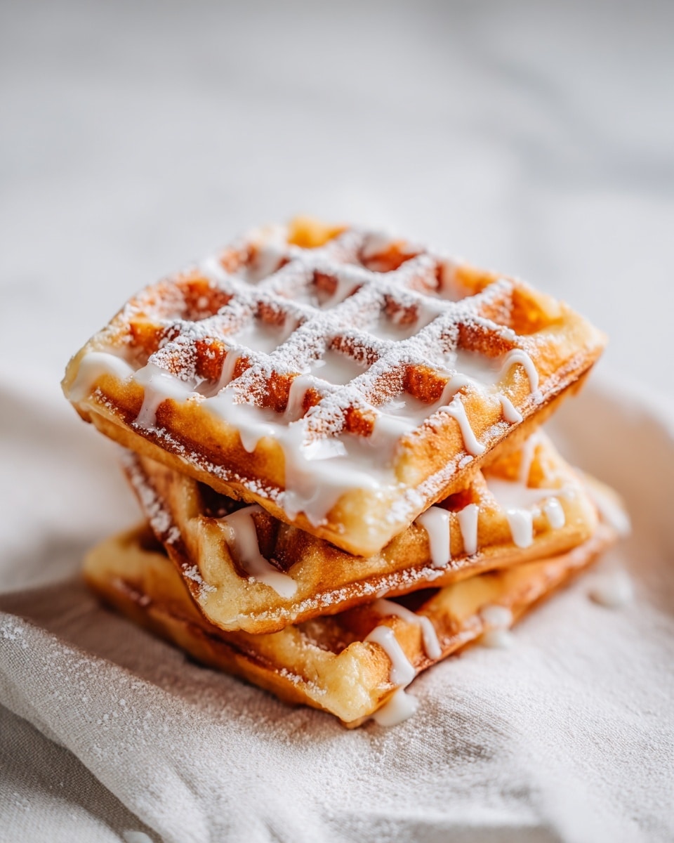 Three small golden waffles with a crisp texture are stacked close to each other on a white cloth. Each waffle has a thick layer with a grid pattern on top, showing the golden-brown cooked surface. White icing is drizzled over the waffles in thin, uneven lines, and powdered sugar is lightly dusted on top, adding a soft white contrast against the warm brown of the waffles. The scene is set on a white marbled surface with soft natural light highlighting the textures and colors. photo taken with an iphone --ar 4:5 --v 7