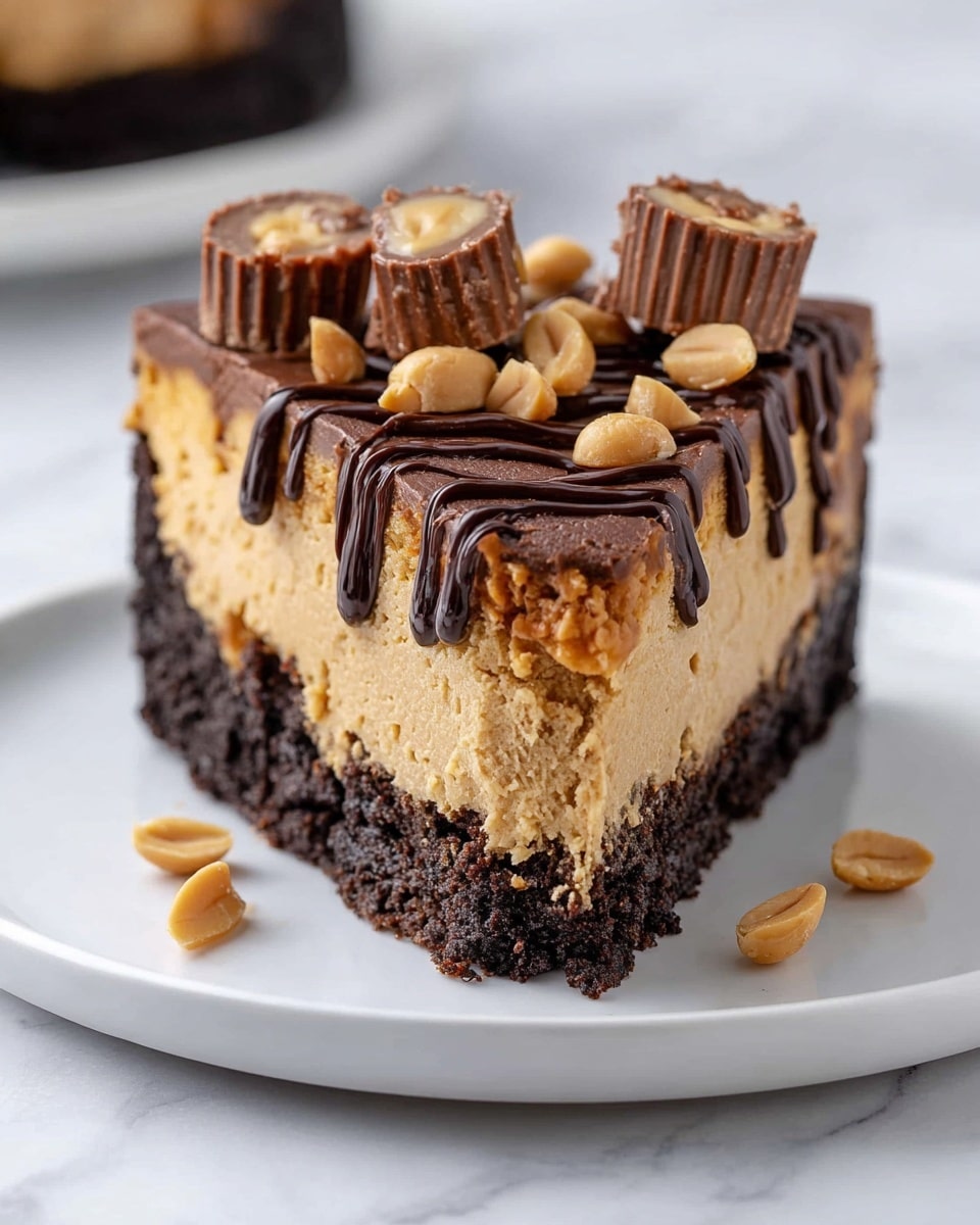 The image shows a slice of layered dessert with three distinct layers. The bottom layer is dark brown, crumbly and dense, resembling a cookie crust. Above it is a thick, light brown layer with a soft, creamy texture, resembling peanut butter cheesecake. The top layer is a thin, dark brown baked surface with a slightly cracked texture. The slice is decorated with small peanut butter cups and scattered peanuts on top, along with a drizzle of shiny dark chocolate sauce that runs diagonally across the slice. The dessert is placed on a white plate, set against a white marbled texture background. photo taken with an iphone --ar 4:5 --v 7