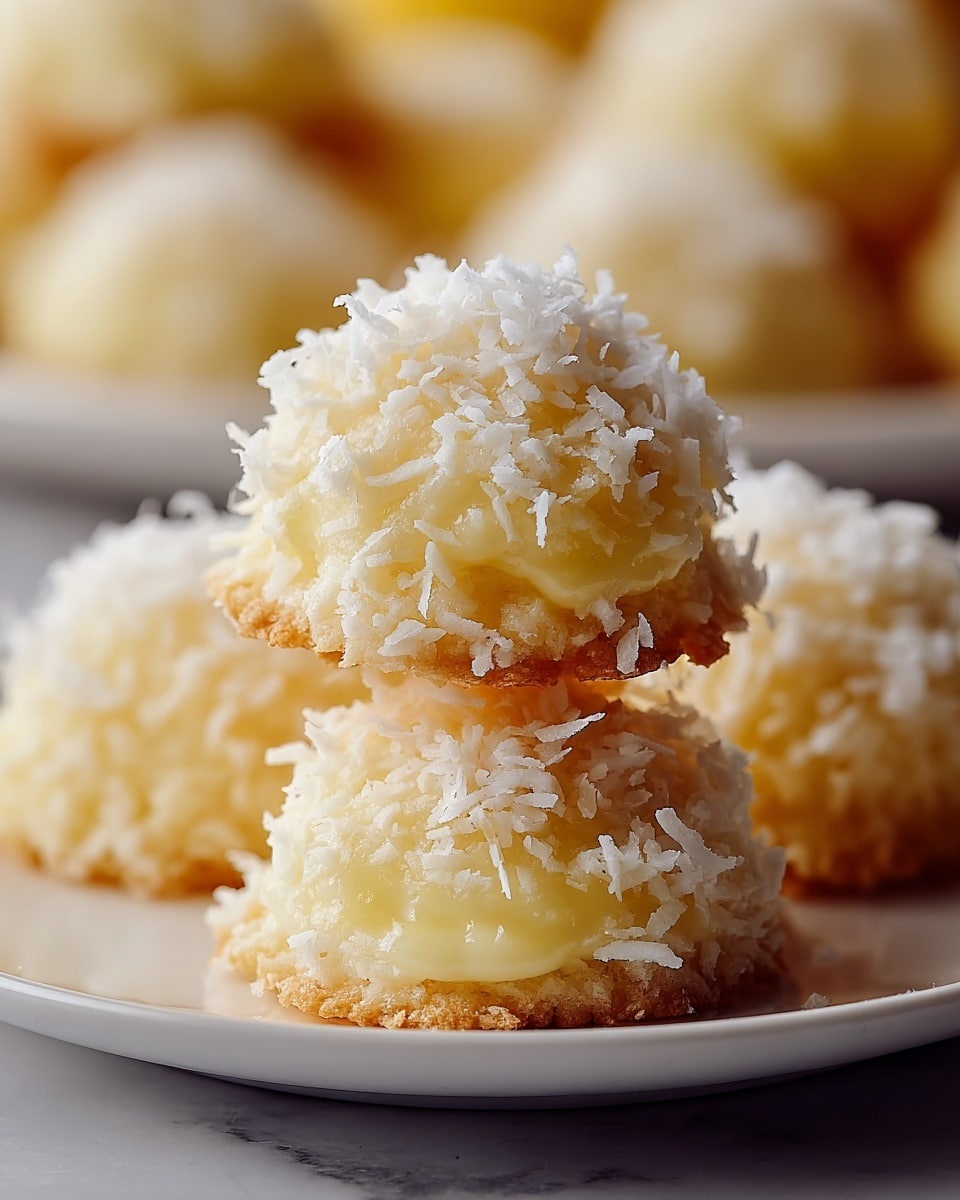 The image shows a close-up of two small, round sweets stacked on top of each other. Each sweet has three layers: the bottom layer is a golden-brown crumbly base, the middle layer is creamy and pale yellow with a smooth texture, and the top layer is a generous sprinkling of white, shredded coconut covering the entire sweet. The background features more of the same sweets softly out of focus, all set on a white marbled surface. photo taken with an iphone --ar 4:5 --v 7