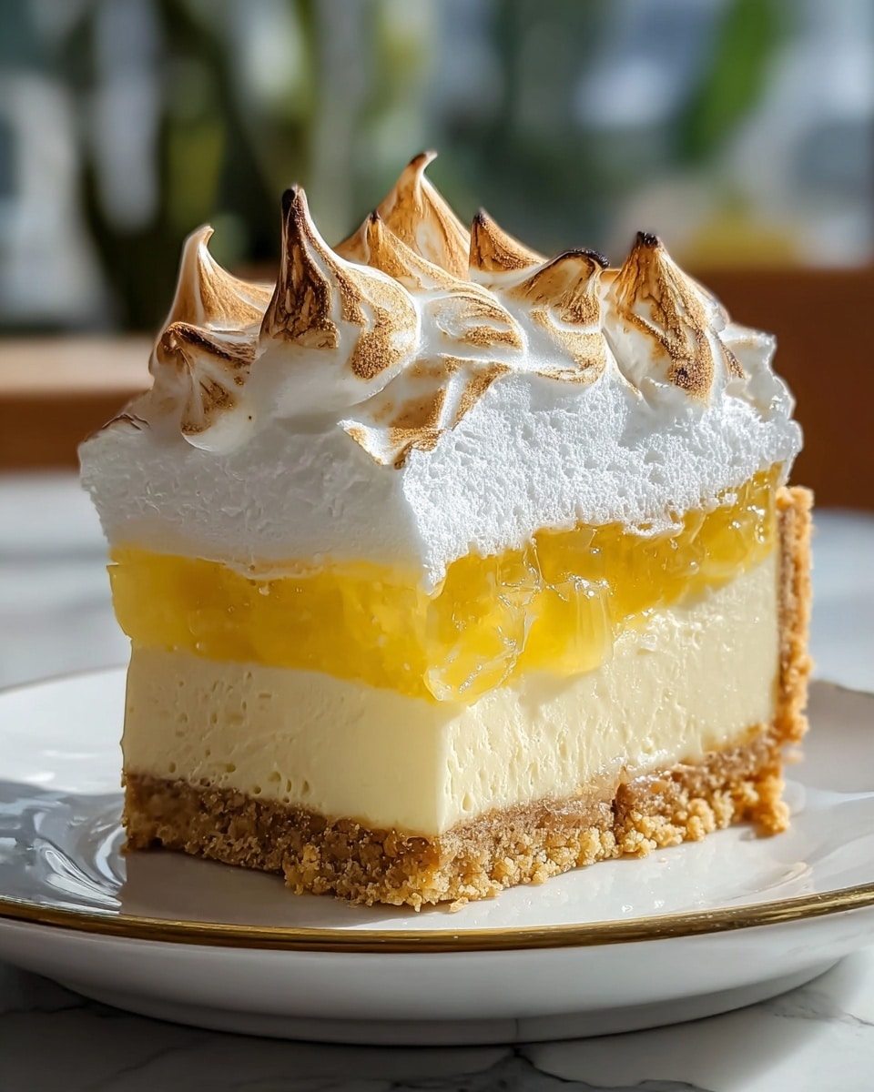 The image shows a round cake with three clear layers: the bottom layer is a crumbly brown crust, the middle layer is a thick, smooth white cream, and the top layer is a shiny, pale yellow glaze. On top of the cake are fluffy white meringue peaks that are browned on the tips. There is a piece cut out of the cake, showing the creamy middle and crumbly bottom clearly. The cake sits on a silver tray on a white marbled surface. Photo taken with an iphone --ar 4:5 --v 7