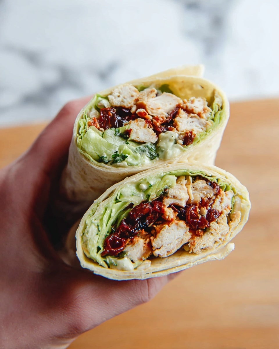 A woman's hand holds a cut wrap showing two halves stacked one on top of the other. The wrap has a light beige tortilla outer layer. Inside, there are three visible layers: a base layer of bright green crisp lettuce, a middle layer of light-colored chicken pieces mixed with herbs, and a top layer of dark red sun-dried tomatoes mixed with sauce. The wrap looks fresh and tightly packed, with the ingredients visible through the open cut. The background shows a white marbled texture. photo taken with an iphone --ar 4:5 --v 7