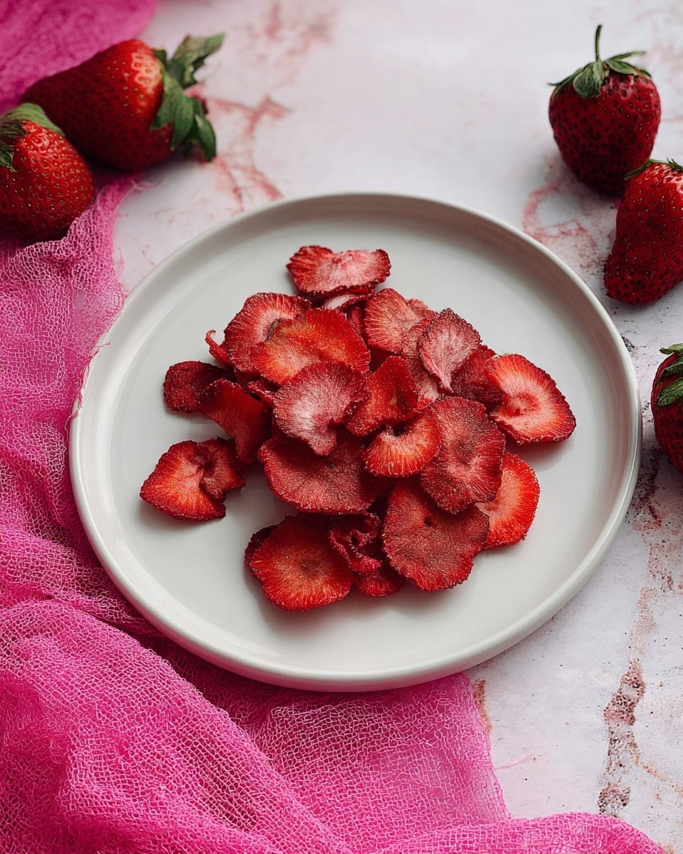 A white plate holds a single layer of thin, dried strawberry slices that are bright red with darker red edges and visible seeds. The plate is placed on a surface with a white marbled texture. Near the plate, fresh strawberries with green leaves and a bright pink cloth add color to the scene. photo taken with an iphone --ar 4:5 --v 7