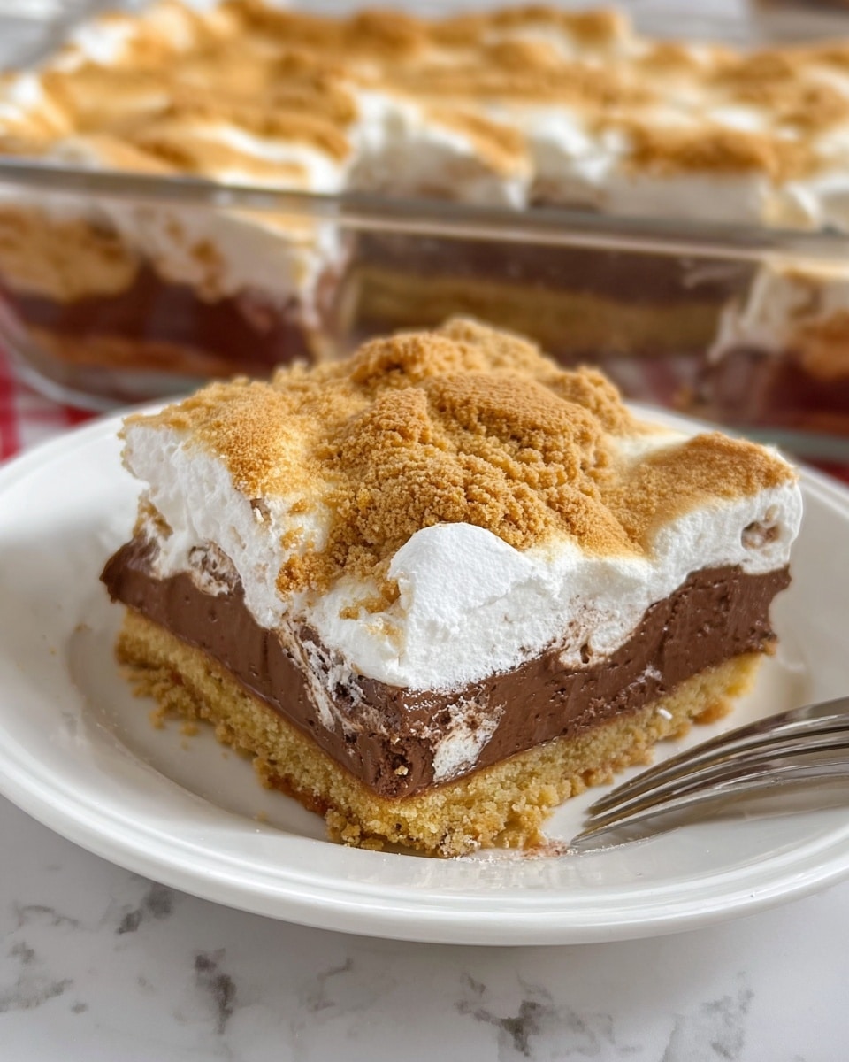 A square slice of a dessert shows three clear layers placed on a white plate with a silver fork next to it; the bottom layer is a light golden brown crust with a crumbly texture, the middle layer is thick and smooth milk chocolate with a dense look, and the top layer is a fluffy white marshmallow cream with some spots where it looks slightly melted and browned, covered by a crumbly, uneven golden cookie dough layer on top. In the background, the rest of the dessert is in a clear glass baking dish on a white marbled surface. Photo taken with an iphone --ar 4:5 --v 7