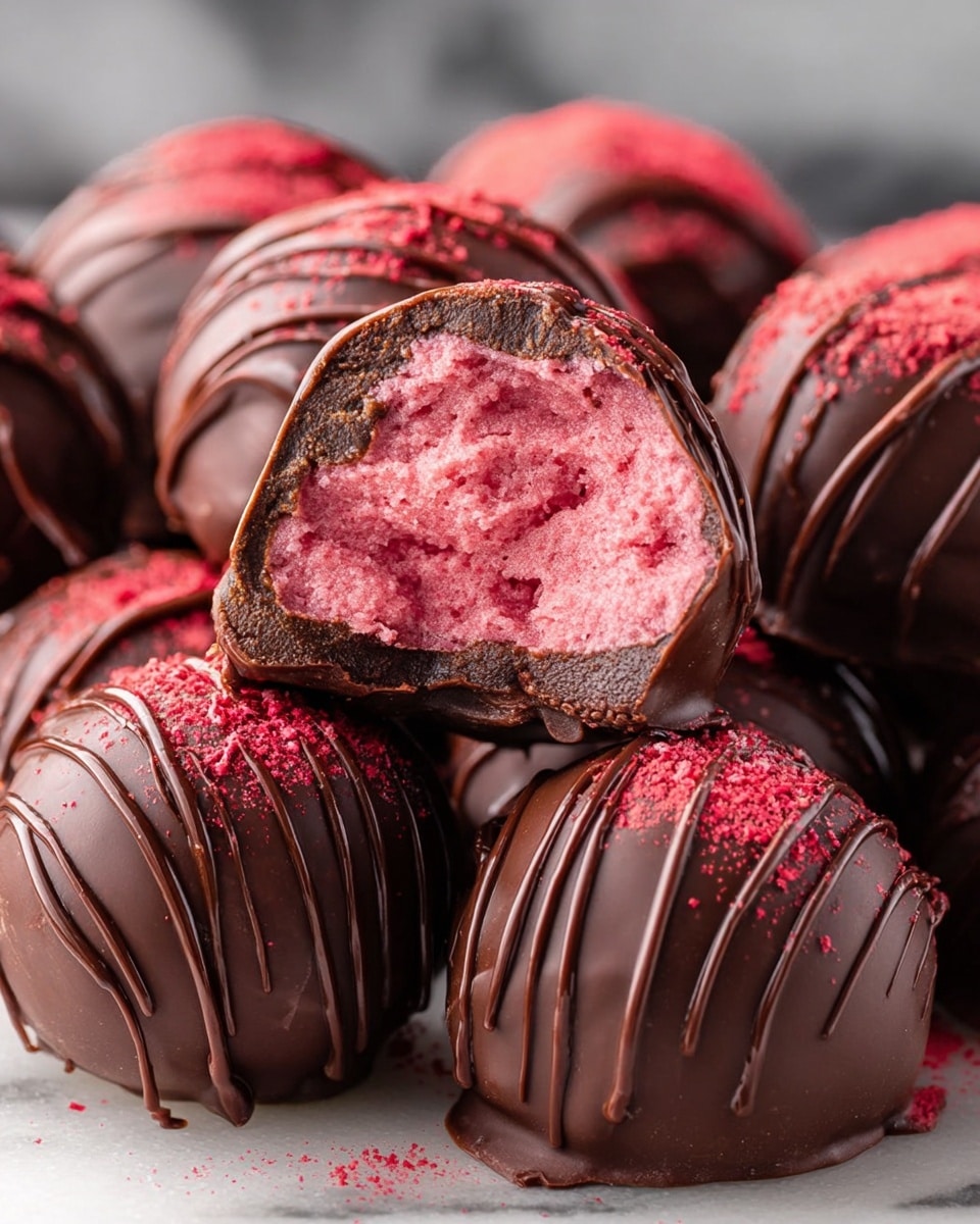 The image shows several small round chocolate truffles placed in white paper cups arranged closely on a white marbled surface. Each truffle has a smooth, dark chocolate outer layer with a thin drizzle of darker chocolate in uneven lines on top. The chocolate coating is garnished with a sprinkling of red powder, adding a bright contrast. One of the truffles is cut open, revealing a vibrant pink, creamy filling inside that contrasts with the dark chocolate shell. Some loose chocolate chips are scattered around the truffles, enhancing the presentation. photo taken with an iphone --ar 4:5 --v 7