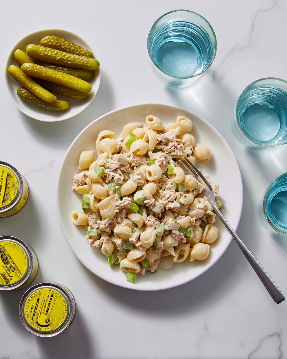 A white plate filled with a creamy pasta salad made of small shell pasta mixed with chunks of tuna and small pieces of green celery scattered throughout, creating a textured and slightly chunky look. A silver fork rests on the right edge of the plate, partially buried in the salad. To the left, a small white bowl holds four long pickle slices standing upright. Three yellow-topped tuna cans are placed around the plate, with two above and one below. Two clear glasses filled with water sit to the right of the plate, all arranged on a white marbled surface. photo taken with an iphone --ar 4:5 --v 7