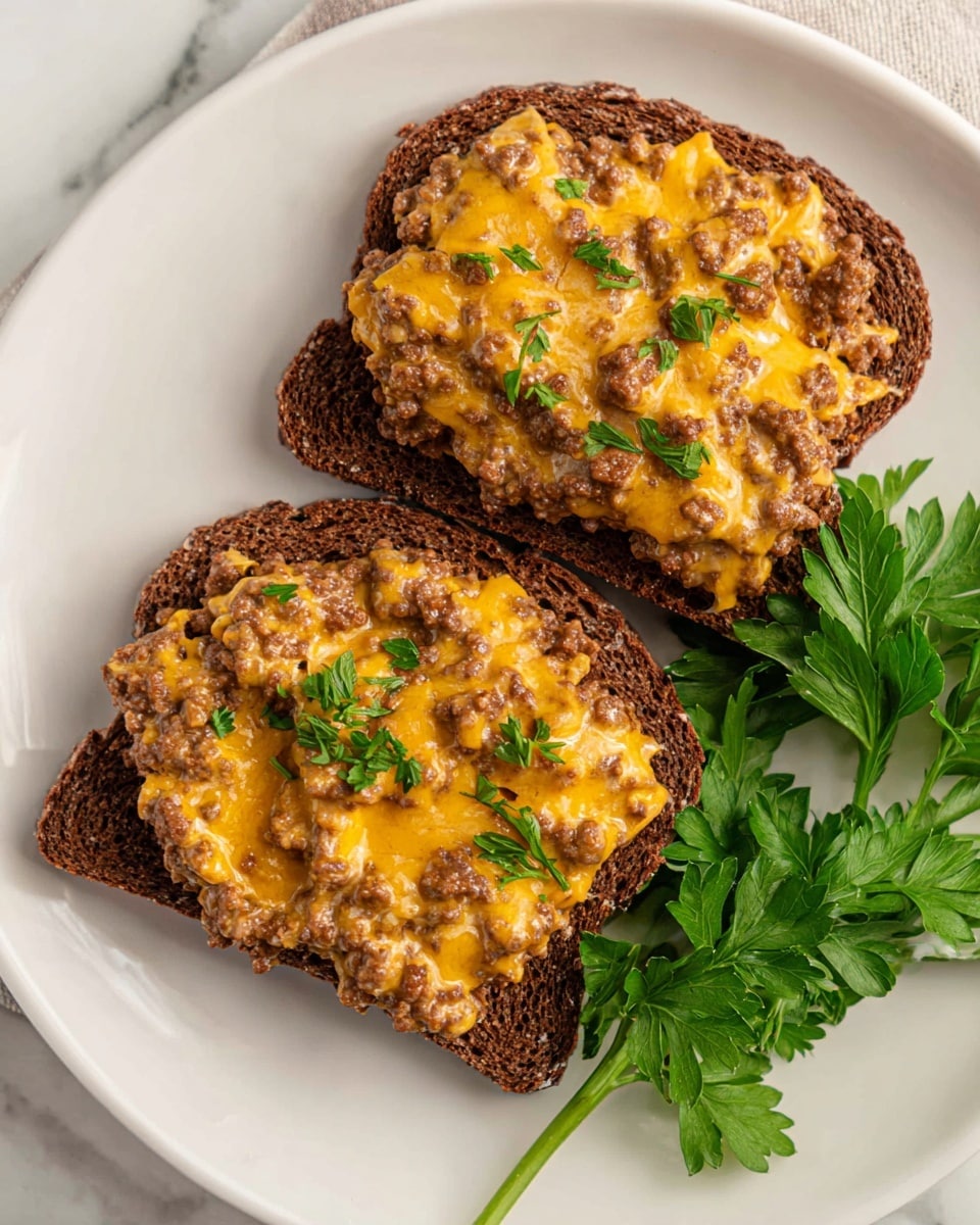 Two pieces of dark brown rye bread are topped with a thick, chunky layer of creamy ground beef mixed with melted orange-yellow cheese, covering the entire surface of each bread slice. The texture of the topping is moist and spread unevenly with visible bits of beef and melty cheese interspersed. The bread rests on a white plate with a sprig of fresh green parsley placed beside the slices for garnish, all set on a white marbled texture. photo taken with an iphone --ar 4:5 --v 7