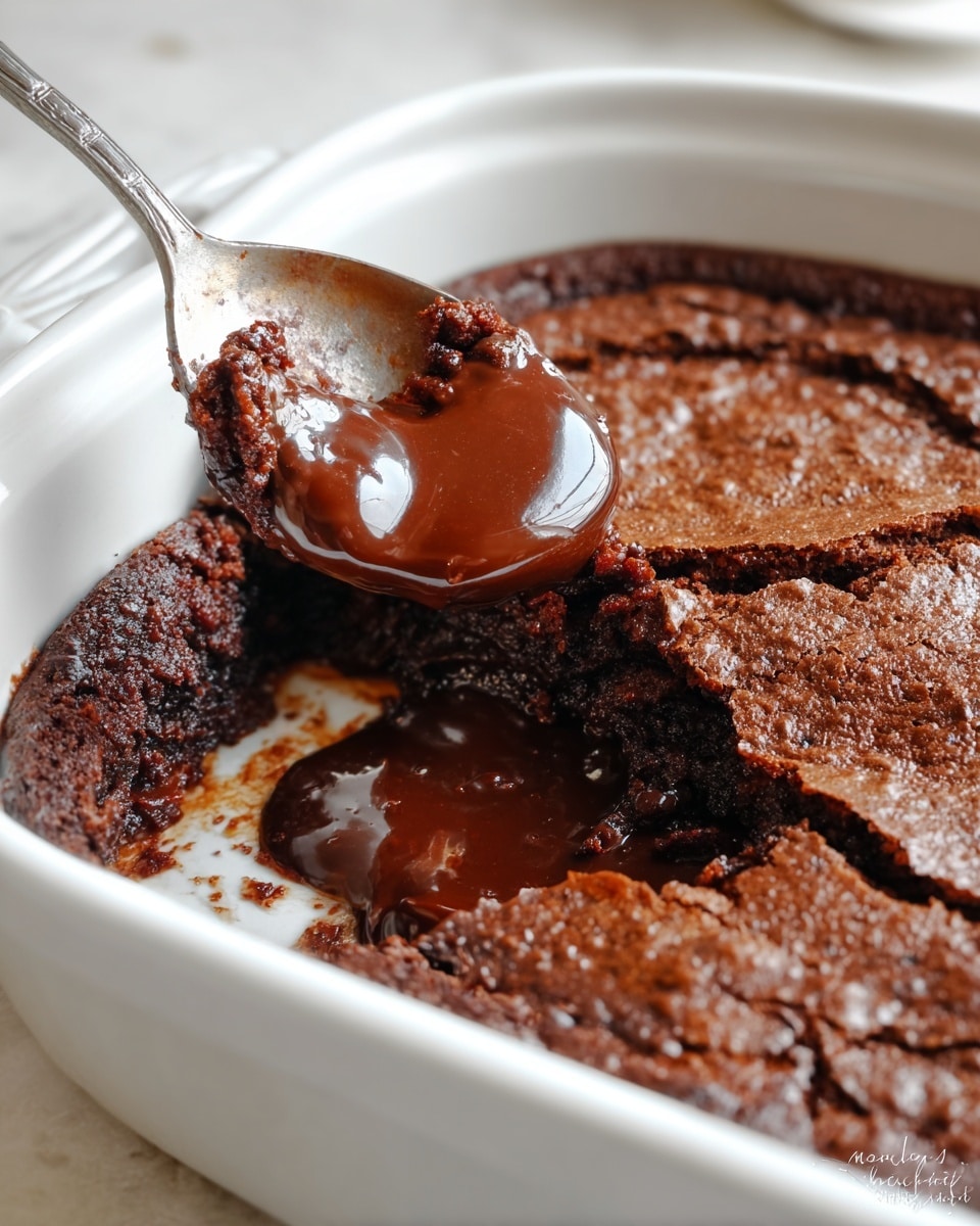The image shows a close-up of a rich chocolate brownie dessert inside a white baking dish. The brownie has a cracked, slightly crispy top with a deep brown color, revealing a moist and gooey chocolate layer underneath. On the left side of the dish, a silver spoon scoops into the dessert, pulling up a thick, shiny, and smooth chocolate sauce layer beneath the baked surface. The white baking dish has a smooth texture and rounded edge, sitting on a white marbled textured surface with a soft natural light enhancing the glossy chocolate shine. photo taken with an iphone --ar 4:5 --v 7