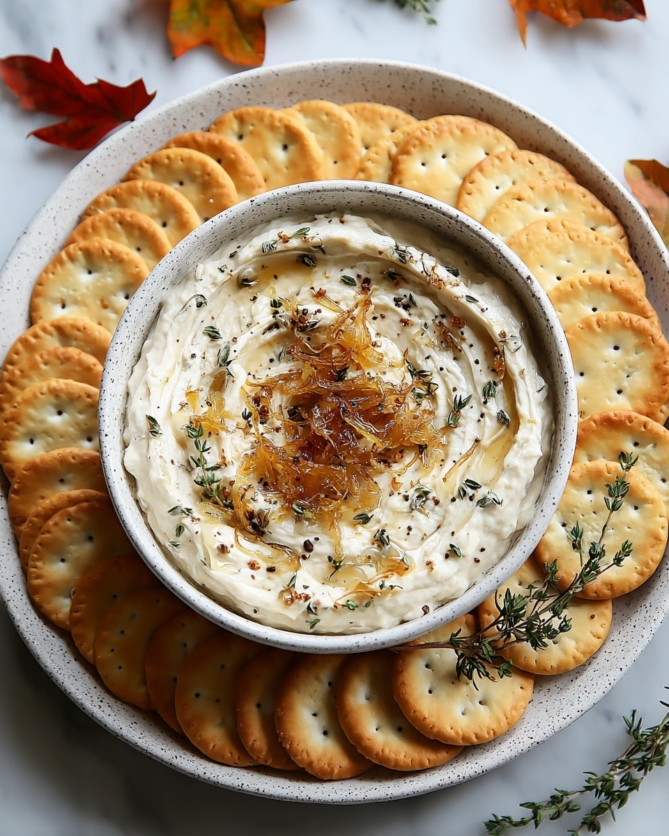 A white speckled bowl sits in the center of a white speckled plate, filled with a creamy white dip that has smooth, swirled texture. On top of the dip is a layer of thin, golden brown caramelized onions scattered with small green thyme sprigs and black pepper specks. Surrounding the bowl on the plate is a ring of evenly spaced round, crisp crackers that are golden brown and slightly toasted. The whole arrangement rests on a white marbled surface with a few scattered autumn leaves and sprigs of thyme adding a warm, seasonal touch. Photo taken with an iphone --ar 4:5 --v 7