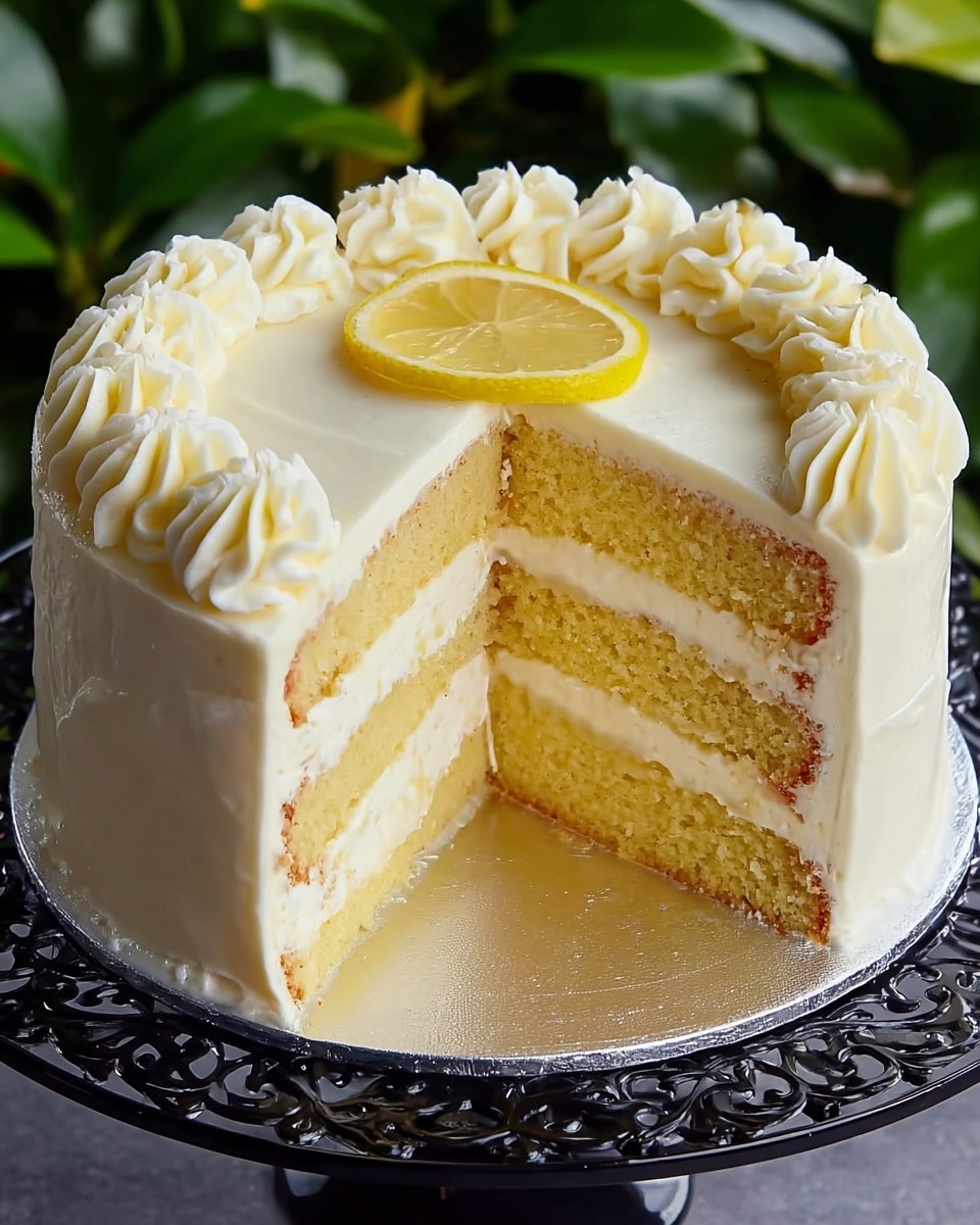 A two-layer lemon cake is shown with a slice cut out to reveal its inside. The bottom and top layers are light yellow sponge cake with a smooth, thick white cream filling in between. The outside is covered in white frosting with lightly textured swirls on the sides. The top edge is decorated with evenly spaced, piped white cream rosettes. A single thin lemon slice sits in the center of the cake's smooth top. The cake sits on a round silver board and a black decorative cake stand, with green leaves blurred in the background. Photo taken with an iphone --ar 4:5 --v 7