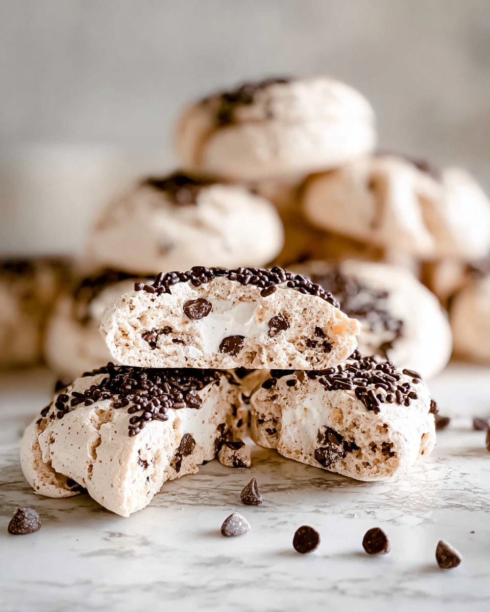 The image shows several light brown meringue cookies with chocolate chips and chocolate sprinkles. Two broken cookies are in the front, revealing a crunchy and airy inside with visible chocolate chips in a lighter beige color. Whole cookies are piled up in the soft focus background with the chocolate sprinkles visibly scattered across the tops. The whole scene is set on a white marbled texture that adds a clean look to the picture. photo taken with an iphone --ar 4:5 --v 7