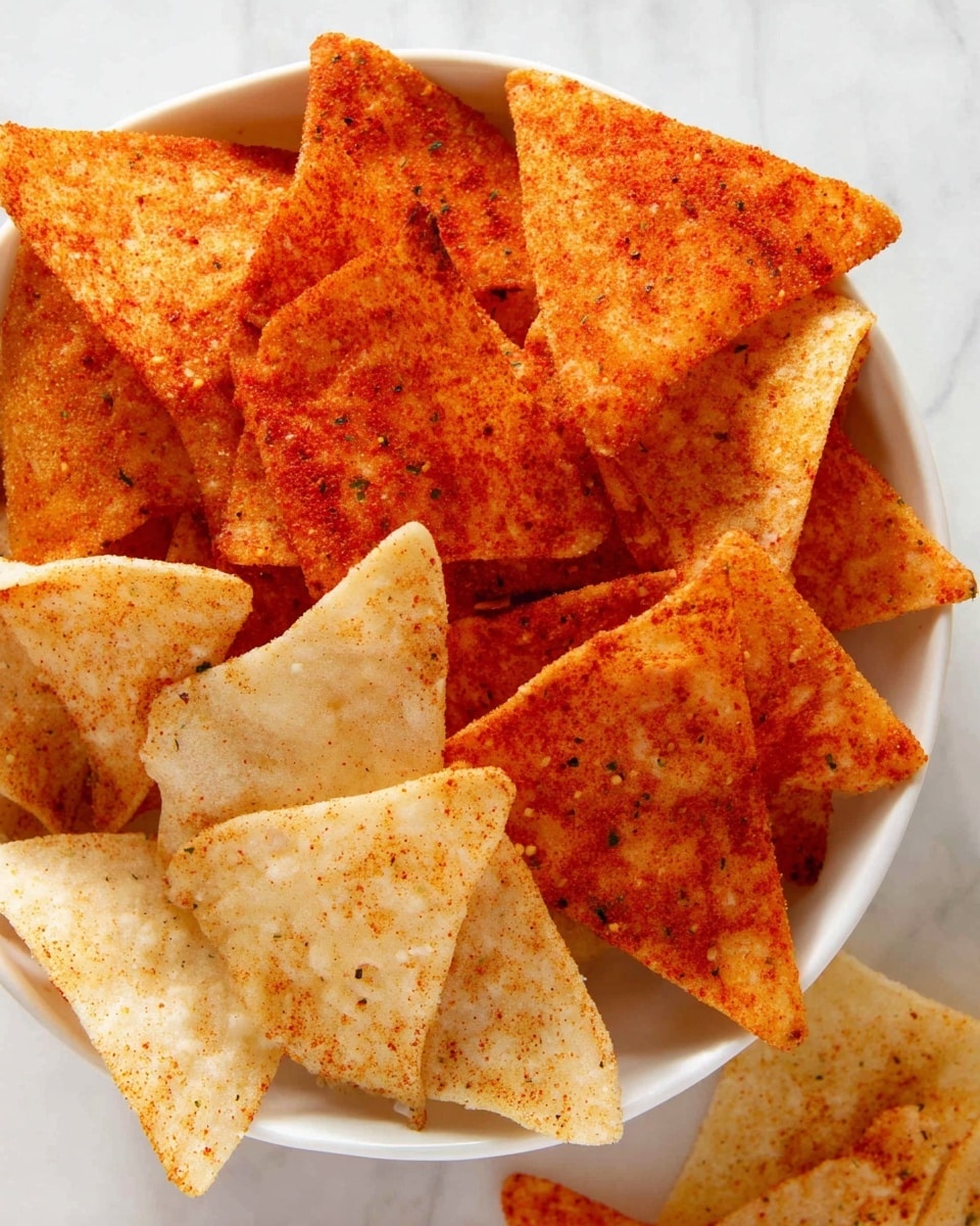 A close-up view of a white bowl filled with two layers of triangular chips. The top layer consists of chips covered in bright orange-red seasoning with a rough texture, while the bottom layer has chips that are plain and light beige with subtle seasoning spots. Some chips are scattered outside the bowl on a white marbled surface, adding a casual and inviting look. The photo taken with an iphone --ar 4:5 --v 7