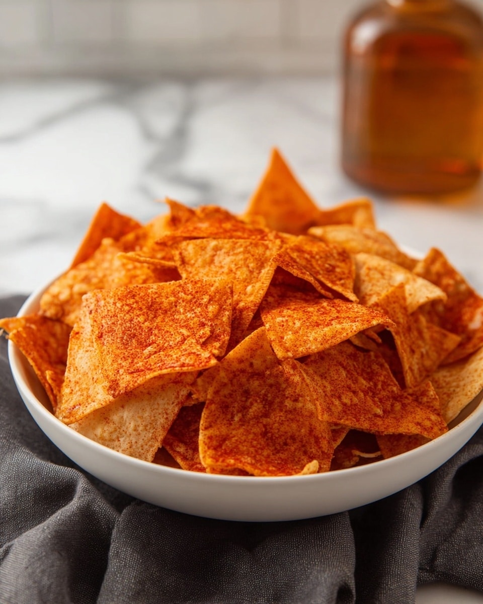 A white bowl filled with crispy, triangular chips, with the top layer covered in a bright orange-red seasoning, creating a textured, slightly rough look, while the chips underneath show a lighter beige color with some seasoning scattered lightly. The chips are piled high, some stacked and others overlapping, giving a sense of volume and crunchiness. The bowl rests on a soft, dark gray cloth on a white marbled surface, with a blurred amber bottle in the background adding warm tones to the scene. photo taken with an iphone --ar 4:5 --v 7