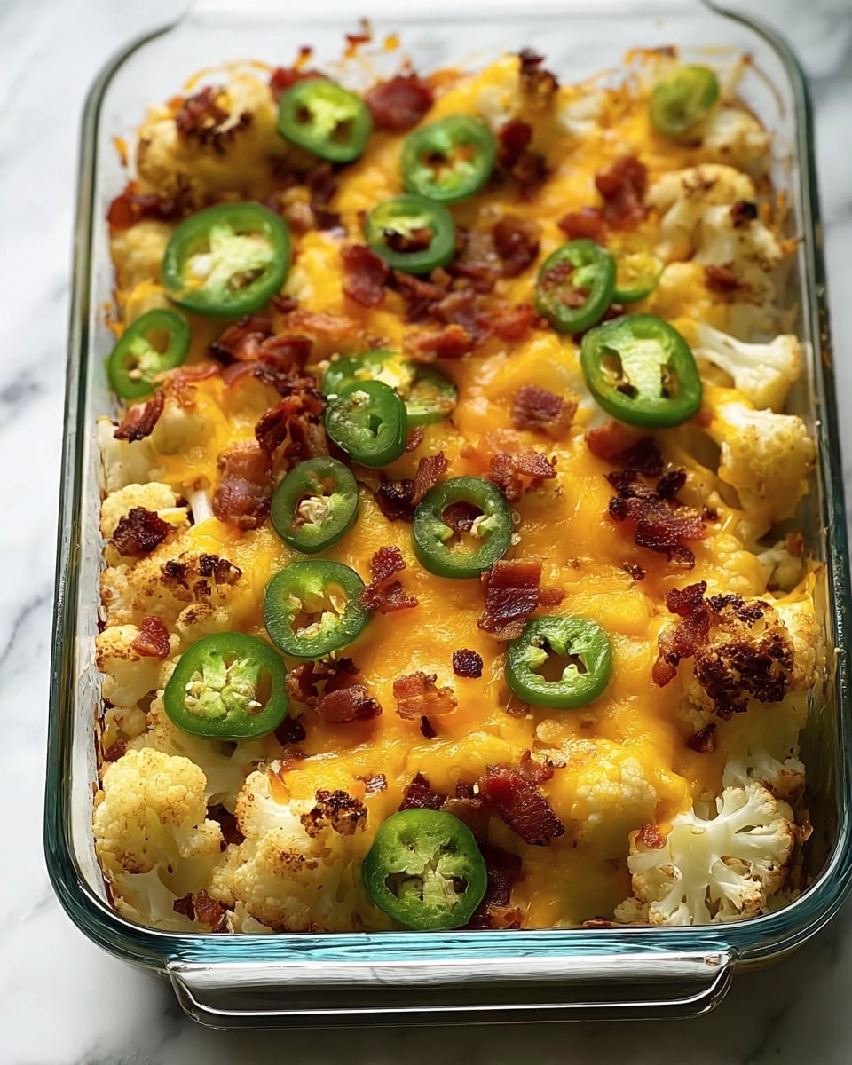 The image shows a baked dish in a clear glass rectangular baking dish placed on a white marbled surface. The dish has three visible layers: a bottom layer of roasted white cauliflower florets with some browned edges, a middle layer of melted golden-yellow cheddar cheese evenly spread over the cauliflower, and a top layer scattered with bright green slices of jalapeño peppers and small crispy pieces of reddish-brown cooked bacon. The cheese looks gooey and slightly browned from baking. The overall look is warm, hearty, and colorful with a mix of creamy, crunchy, and spicy elements. Photo taken with an iphone --ar 4:5 --v 7