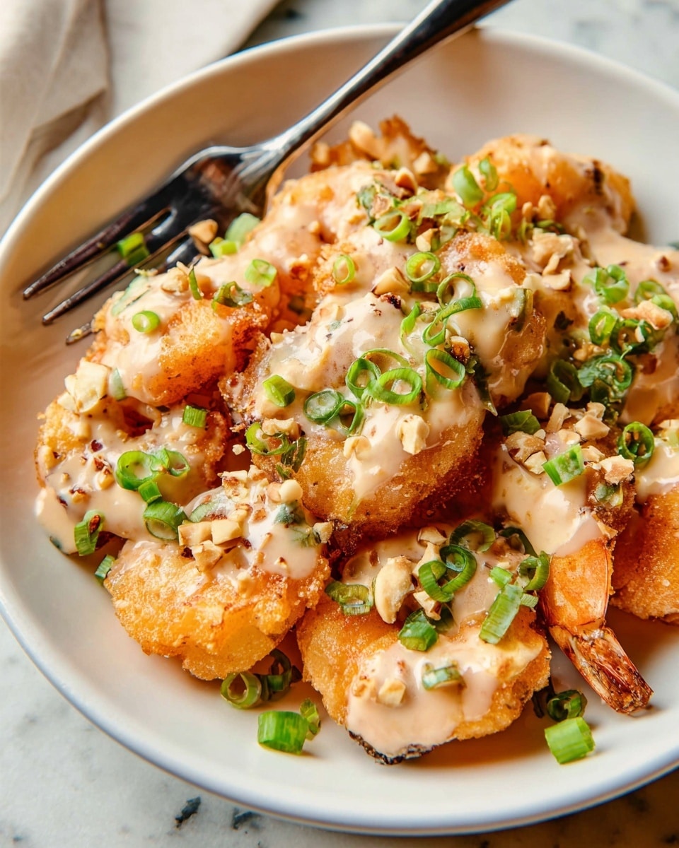 A white deep plate holds a dish of about two layers of golden-orange fried shrimp, each shrimp showing a crispy, bubbly texture. The shrimp are topped with a light beige creamy sauce that drips gently over them. Scattered bright green chopped scallions cover the shrimp and sauce, adding small pops of color. There are pieces of light brown nuts mixed throughout, giving the dish a slightly chunky look. The plate sits on a white marbled surface, with a metal fork resting on the plate’s edge. photo taken with an iphone --ar 4:5 --v 7