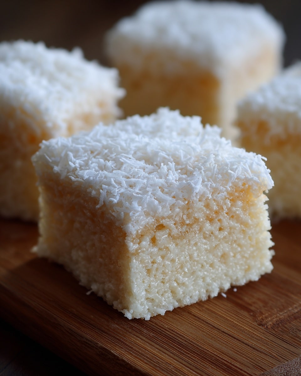 The image shows a close-up of a soft, square-shaped treat made with sticky white rice cereal mixed with a light golden melted ingredient, giving it a chewy texture. The top and sides are covered with a layer of white shredded coconut flakes that add a fluffy, slightly rough texture. The treat is placed on a smooth wooden surface, with two more similar treats slightly blurred in the background, all showing their airy and textured layers clearly. Photo taken with an iphone --ar 4:5 --v 7