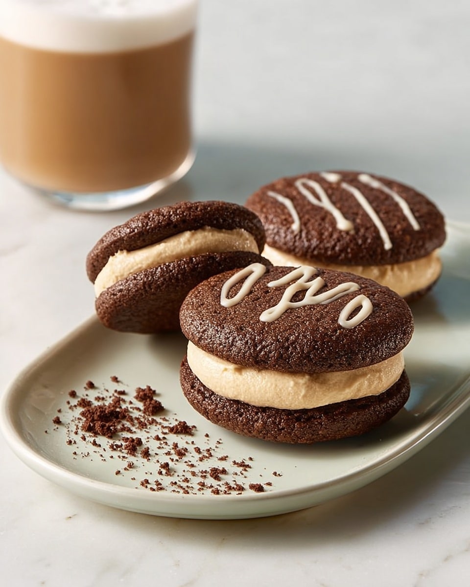 The image shows two sandwich-style cookies placed on a white oval plate with small chocolate crumbs scattered around. Each sandwich has two thick, soft-looking dark brown cookie layers with a creamy, light beige filling in the middle. The top cookie layers have a drizzle of white icing in simple lines. In the background, there is a glass with a three-layer drink — the bottom dark brown, the middle light brown, and a thick white foam layer on top — all set against a white marbled surface. Photo taken with an iphone --ar 4:5 --v 7
