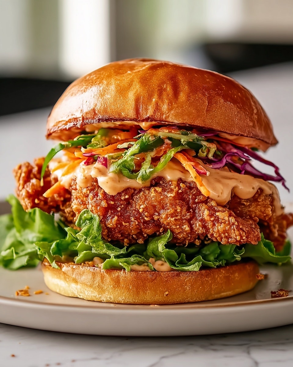 A close-up view of a fried chicken sandwich on a white plate, sitting on a white marbled surface. The sandwich has four visible layers: the bottom layer is a toasted soft golden bun with a light shine, topped with fresh green leafy lettuce. Above the lettuce lies a thick, crispy, golden-brown fried chicken fillet with a textured crunchy coating. On top of the chicken fillet are thin strips of colorful pickled vegetables including orange carrots and green bell peppers, all covered with a generous spread of light orange creamy sauce speckled with red bits. The sandwich is finished with a shiny, toasted golden-brown top bun. The scene looks warm and inviting, photo taken with an iphone --ar 4:5 --v 7