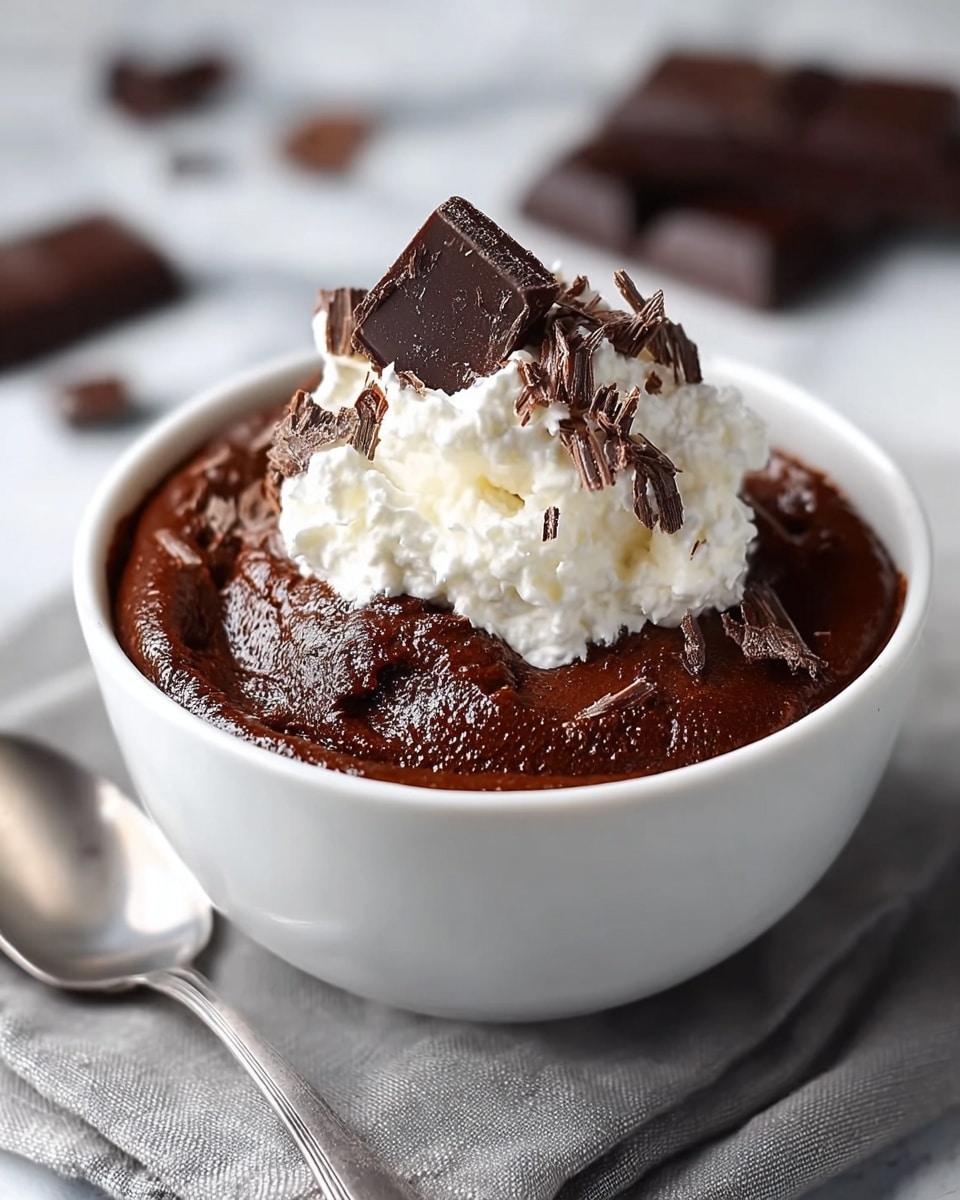 A white bowl filled with a rich, dark brown chocolate mousse that has a thick and slightly glossy texture. On top of the mousse is a generous swirl of white whipped cream, with small, thin dark chocolate shavings sprinkled over it. A few larger pieces of dark chocolate rest on the mousse near the whipped cream. The bowl sits on a light gray cloth over a white marbled surface with blurred dark chocolate pieces in the background. A silver spoon is placed next to the bowl. Photo taken with an iphone --ar 4:5 --v 7