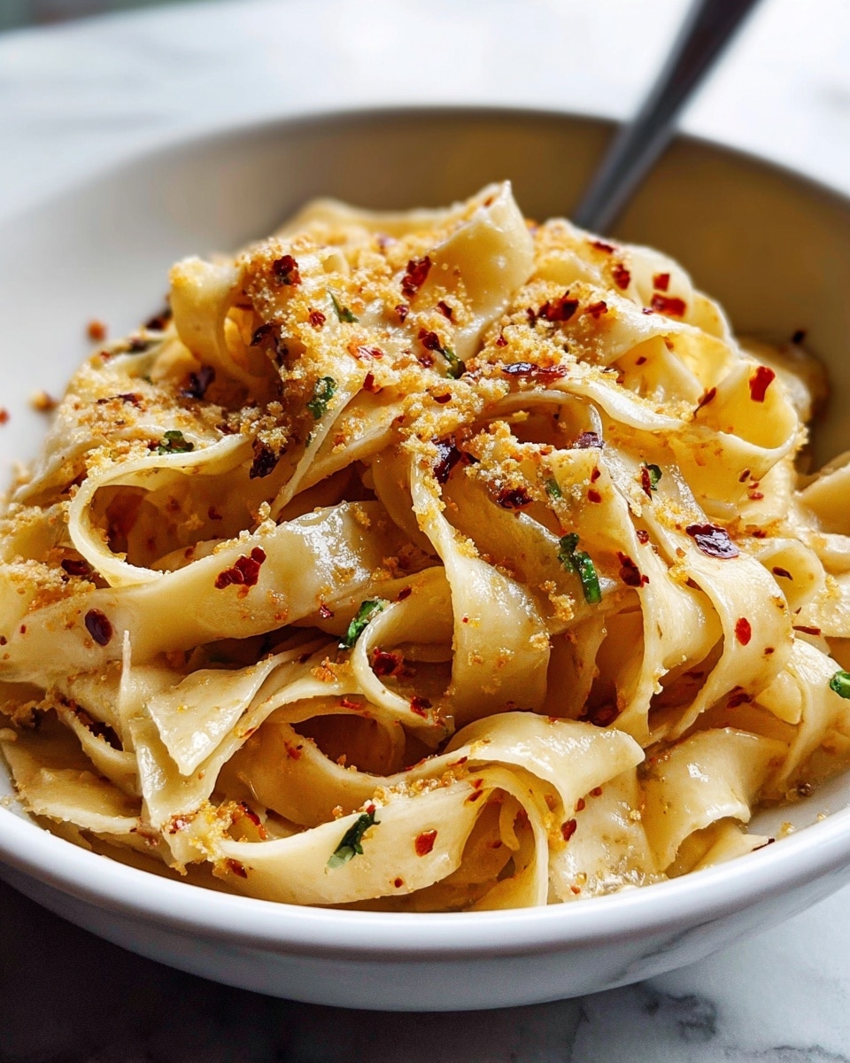 A close-up view of a white bowl filled with wide, flat pasta noodles lightly coated in an olive oil or butter sauce that gives a slightly shiny, smooth texture to the pasta. The pasta is mixed with crushed red chili flakes scattered unevenly on top and throughout, adding small pops of dark red color. There is a fine sprinkle of grated cheese or breadcrumb fragments on the top layer, giving a slightly grainy look mixed with small bits of green herbs. The noodles fold and curl naturally, creating a sense of depth and fullness in the bowl, which sits on a white marbled surface. A blurred metal spoon is visible in the background inside the bowl. photo taken with an iphone --ar 4:5 --v 7