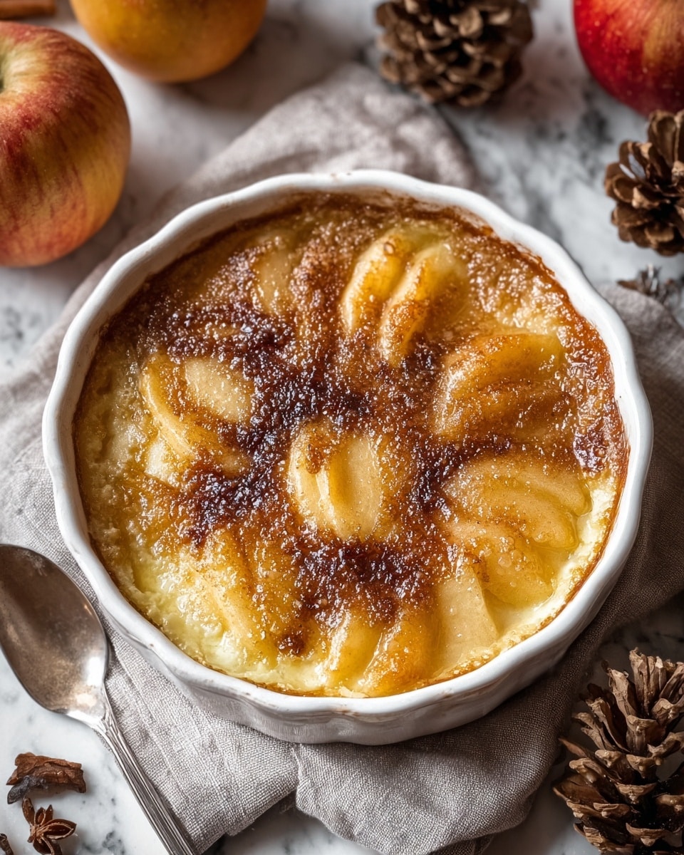 The image shows a round white ceramic dish filled with a golden, caramelized apple dessert. The top layer is uneven and crispy with a deep brown sugary crust, surrounded by visible slices of soft, cooked apples in light yellow and creamy tones just beneath it. The dish rests on a light gray cloth, with a silver spoon to the side, and the background shows whole apples and pine cones on a white marbled surface. photo taken with an iphone --ar 4:5 --v 7