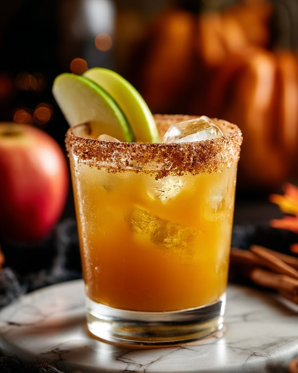 A clear glass filled with a golden orange drink sitting on a white marbled surface, with ice cubes visible inside. The glass rim is covered with a coarse brown sugar and spice mix, giving a textured look. A green apple slice rests on the rim of the glass, slightly angled. The background is softly blurred with warm tones and hints of autumn decor, including a partially visible orange pumpkin and red apple. photo taken with an iphone --ar 4:5 --v 7