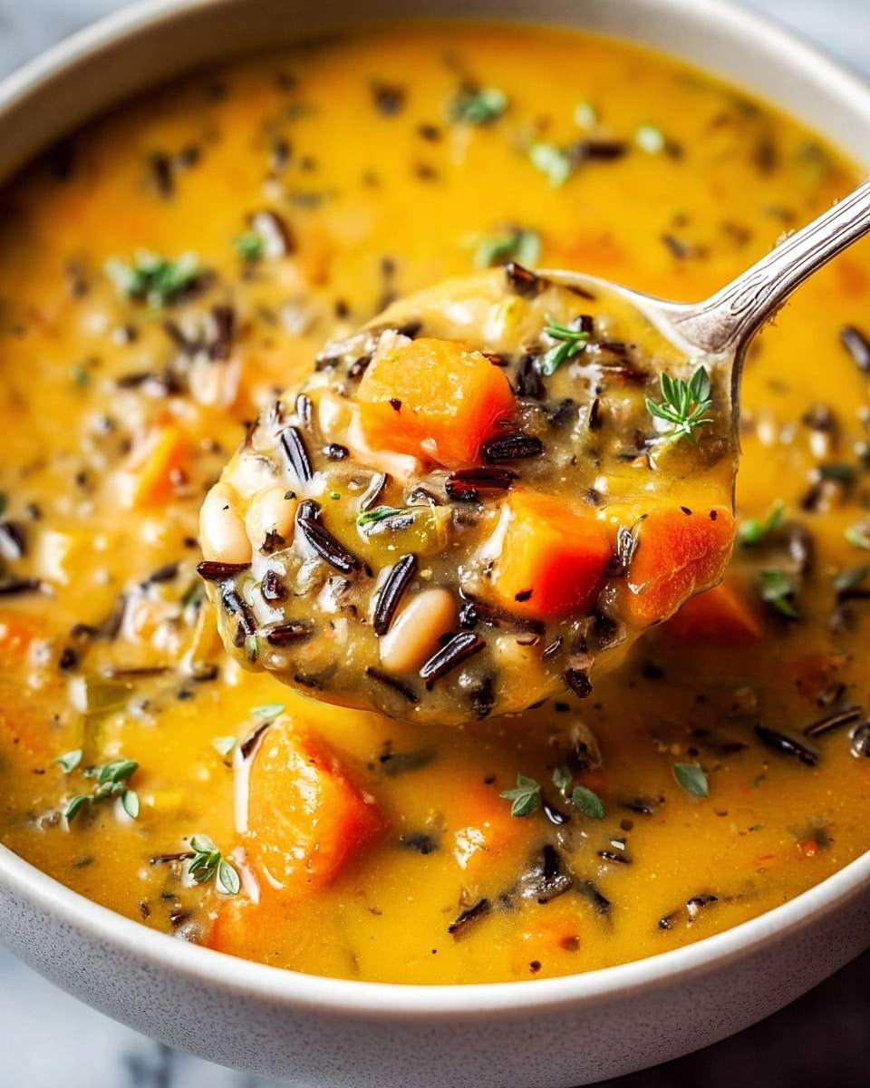 A close-up image of a thick soup in a white bowl with a silver spoon lifting some soup. The soup has a smooth orange-yellow base with visible chunks of bright orange carrot, small white beans, and dark brown wild rice grains scattered throughout. Small green herb leaves are sprinkled on the surface, adding a fresh touch. The texture appears rich and creamy with a mix of soft vegetable pieces and firmer rice. The background is a white marbled texture. photo taken with an iphone --ar 4:5 --v 7