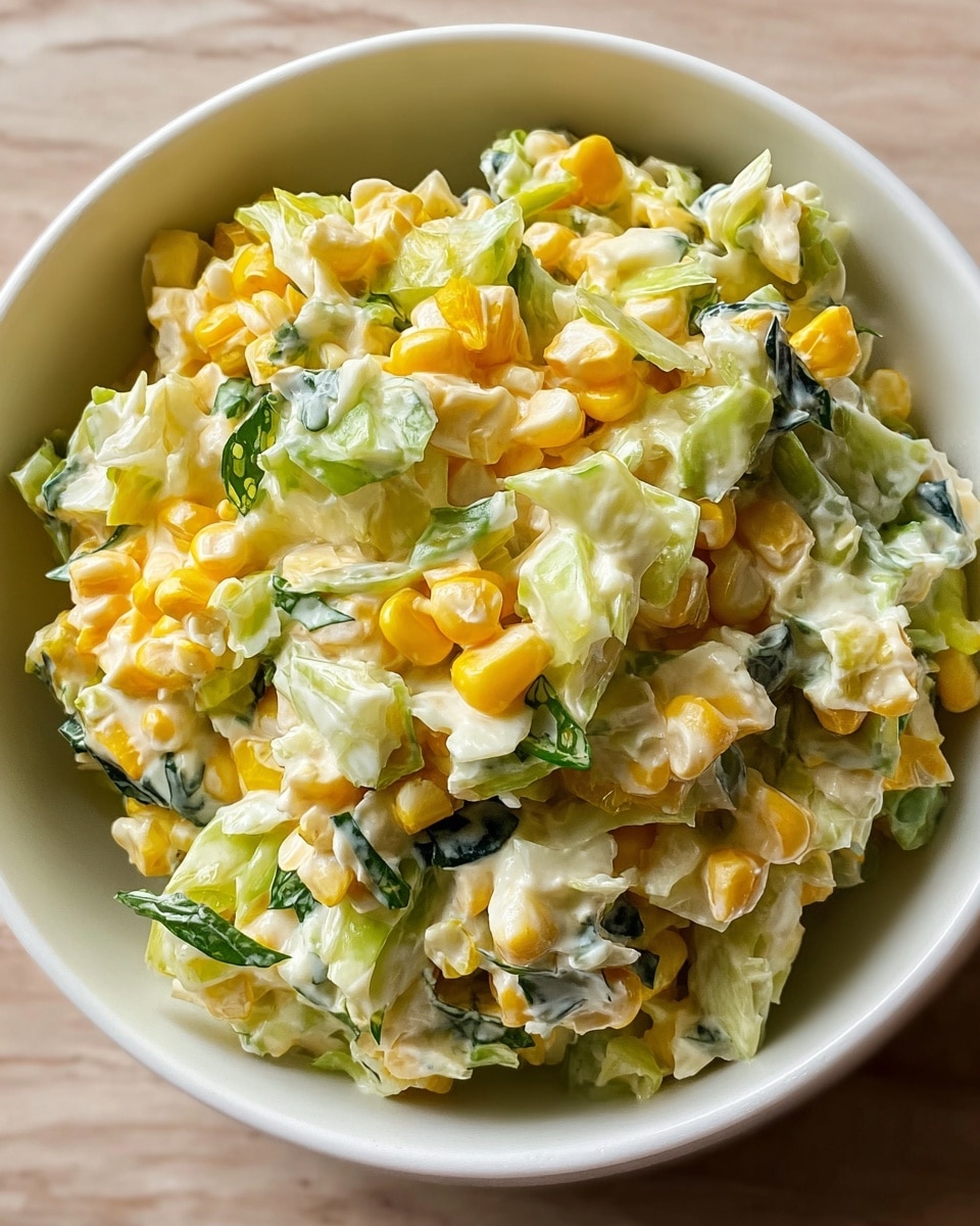A close-up of a small white bowl filled with a creamy salad made of yellow corn kernels, shredded light green cabbage, and small pieces of dark green leafy herbs, all mixed with a white creamy dressing. The textures vary from soft creamy to crunchy pieces of vegetables. The bowl sits on a white marbled textured surface, showing a little bit of the bowl's smooth rim and the salad piled slightly over the rim. photo taken with an iphone --ar 4:5 --v 7