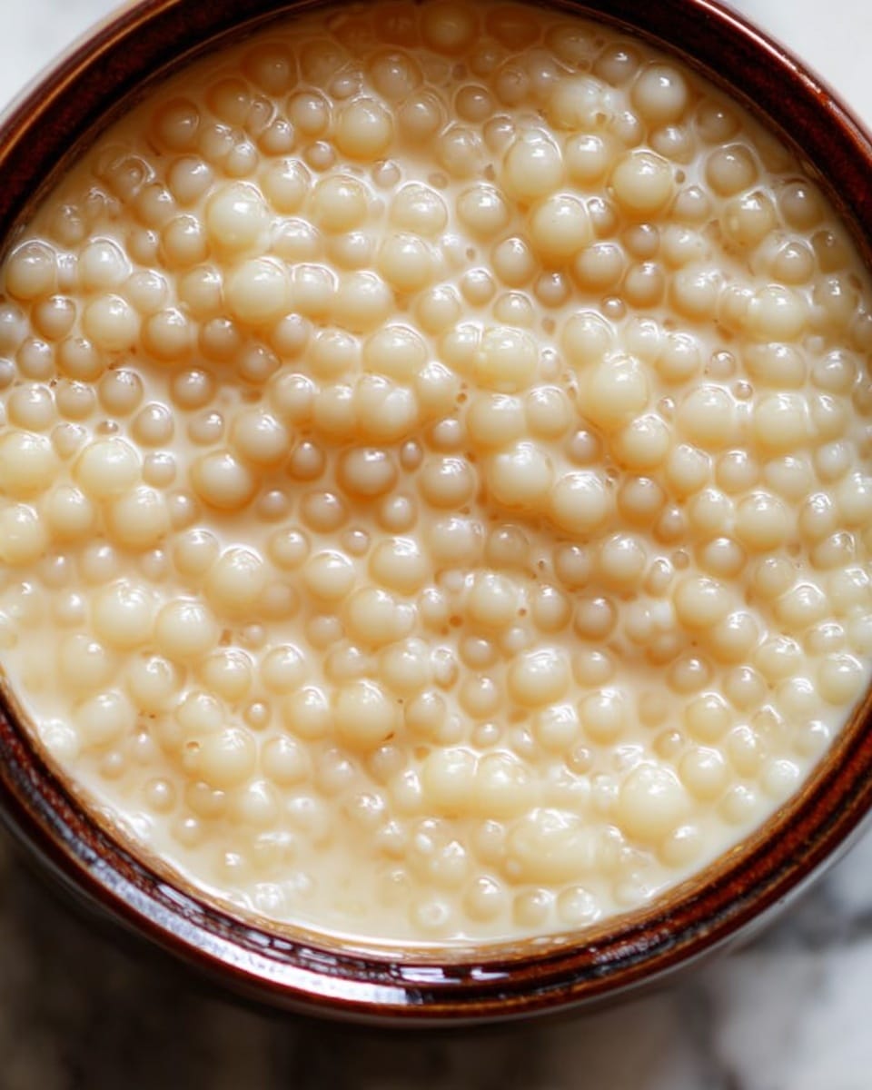 A close-up image of light beige tapioca pearls soaked in a creamy liquid, filling a bowl almost to the top. The tapioca pearls vary in size, forming a textured, bubbly surface that looks smooth and glossy. The bowl has a shiny dark brown rim, and it sits on a white marbled surface. The photo captures the pearls' translucent quality and creamy color, giving a soft and inviting feel to the dish. Photo taken with an iphone --ar 4:5 --v 7