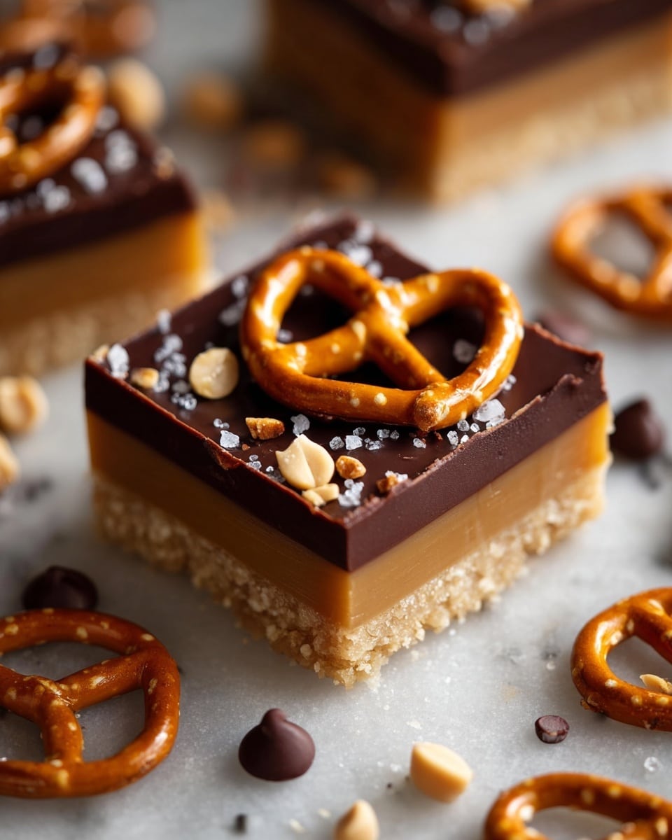 A close-up view of a dessert square with three layers: the bottom is a light tan, crispy cake base with a rough texture, the middle layer is smooth caramel colored and thick, and the top layer is a dark glossy chocolate. On top, a shiny pretzel with a warm brown color sits in the center, surrounded by scattered light brown peanut pieces and coarse salt crystals. Around the dessert, small chocolate drops and more pretzels are spread on a white marbled surface. Photo taken with an iphone --ar 4:5 --v 7