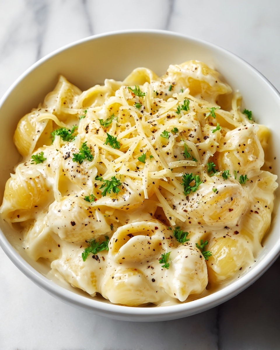 A close-up of a white bowl filled with creamy, light beige macaroni and cheese. The dish has soft pasta shapes covered in smooth, thick cheese sauce, topped with thin, shredded pale yellow cheese, small bright green parsley bits, and a sprinkle of black pepper spots. The bowl sits on a white marbled surface. photo taken with an iphone --ar 4:5 --v 7