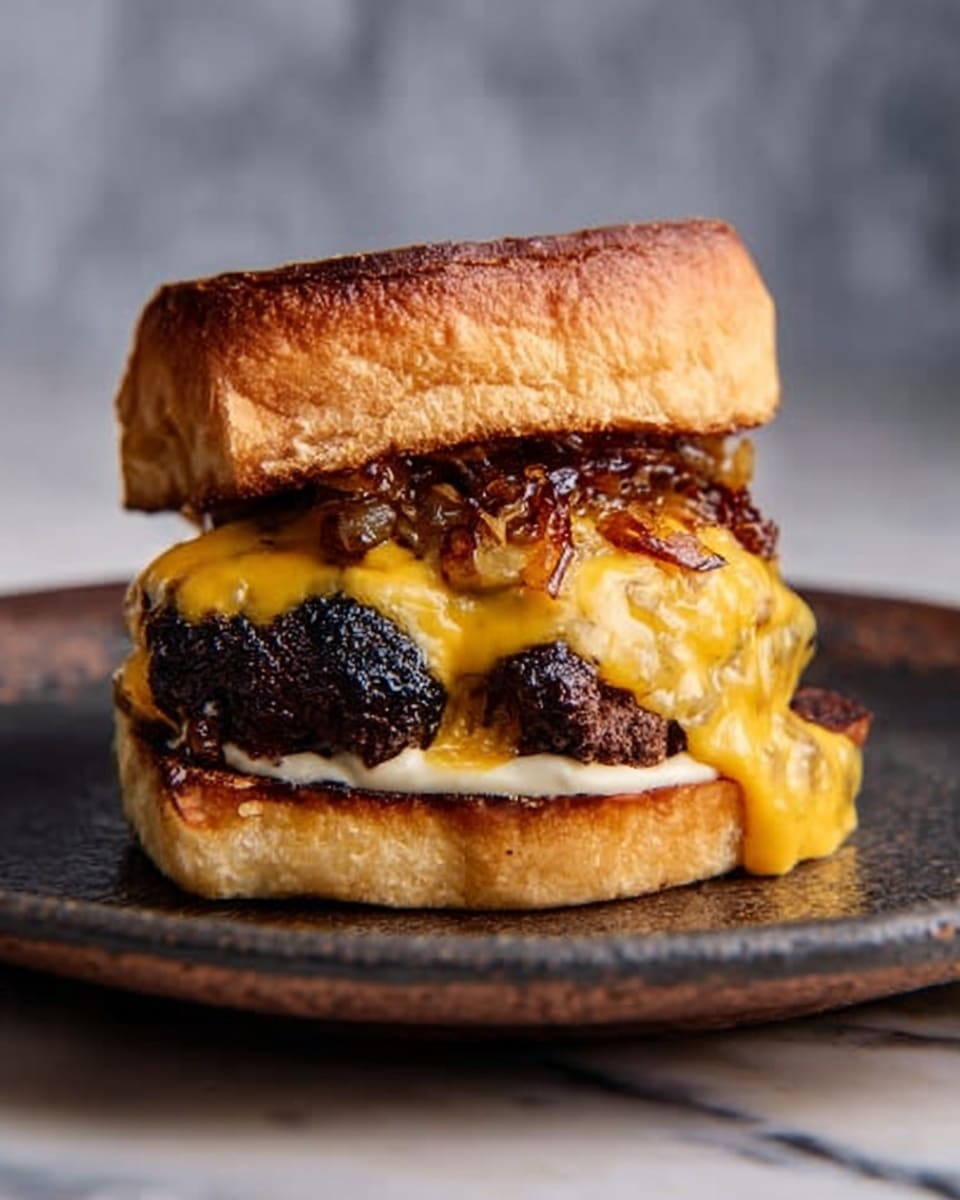 The image shows a thick burger with a toasted golden brown bun on top and bottom. The bottom bun has a layer of white mayo or sauce with a creamy texture. Above that is a large, darkly grilled beef patty that looks juicy and slightly charred. On top of the patty is melted, bright yellow cheddar cheese dripping down the sides. Some small pieces of caramelized onions are visible under the cheese, adding a glossy texture. The top bun is slightly uneven with a toasted crust and a soft inside. The burger is placed on a rough, dark plate, set against a white marbled surface in the background. Photo taken with an iphone --ar 4:5 --v 7