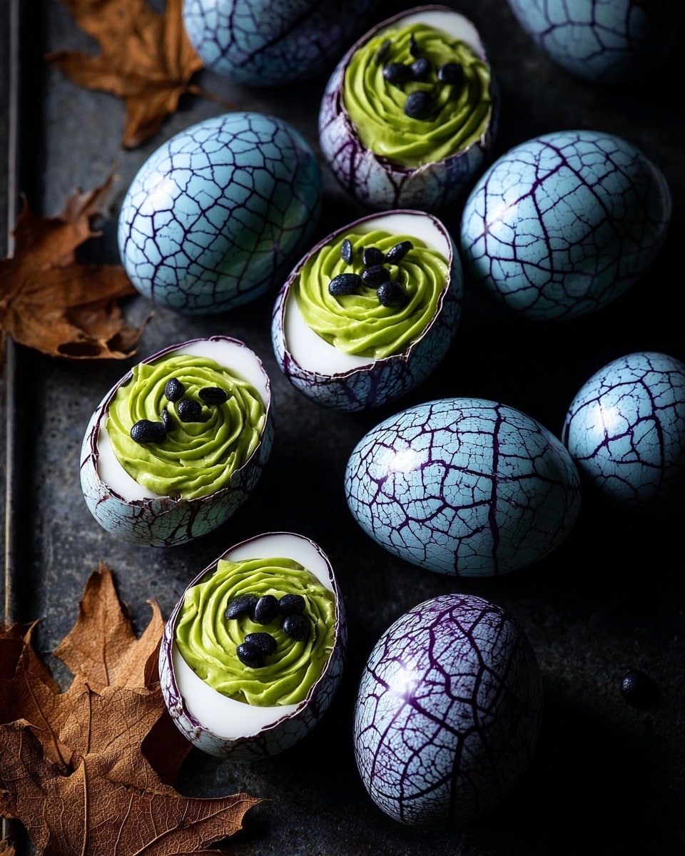 The image shows several blue eggs with dark purple crack patterns on the shell, some whole and some cut in half. The halved eggs reveal a smooth white inner layer with the same crack pattern visible around the edges. On top of this white base, there is a swirl of bright green creamy filling, topped with small black round seeds as garnish. These eggs are placed on a dark textured surface next to a brown dried leaf, creating a rustic feel. photo taken with an iphone --ar 4:5 --v 7