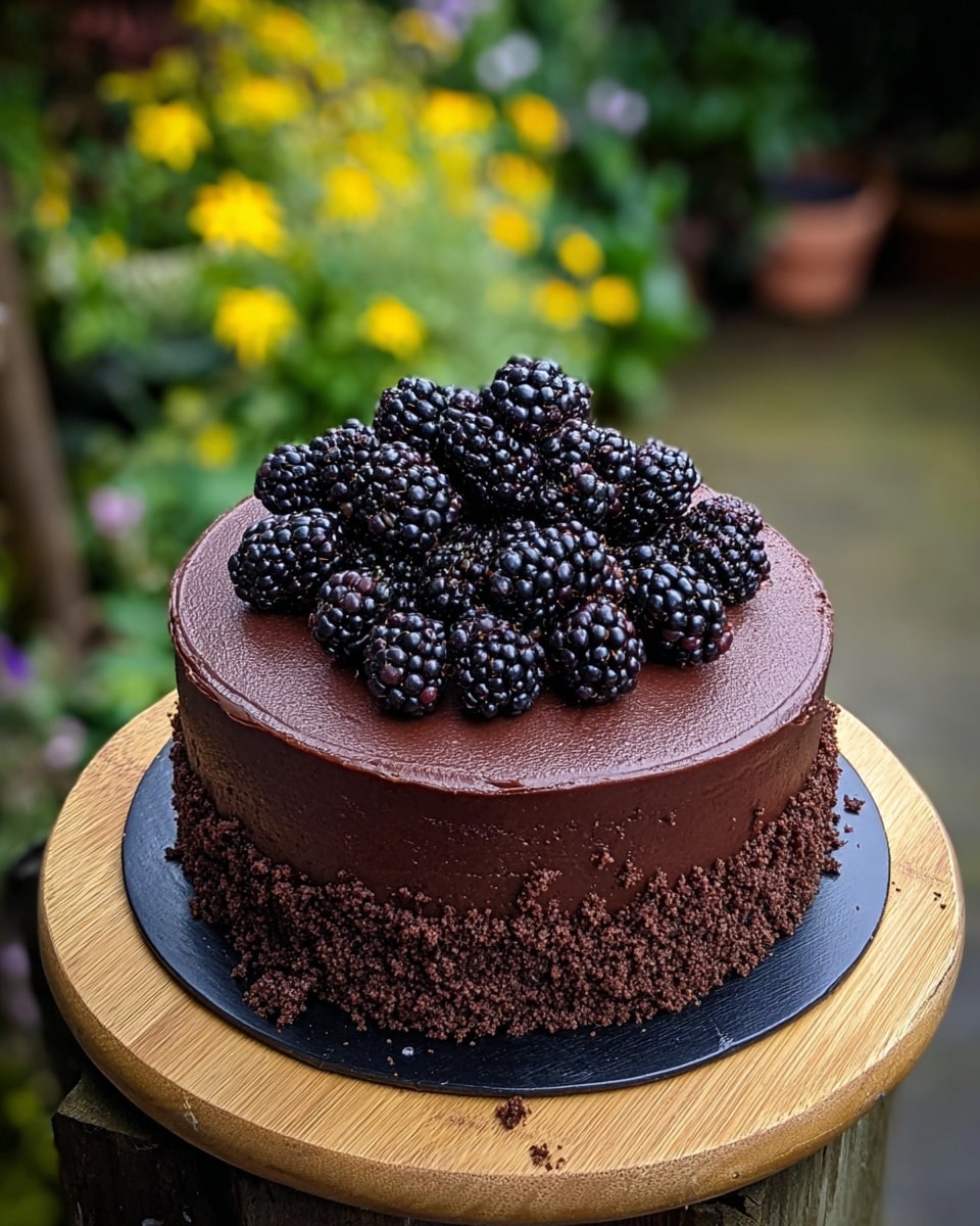 This image shows a round chocolate cake with a dark, smooth chocolate frosting layer covering the top and sides. The bottom edge is coated with crumbly chocolate bits, giving a rough texture around the base. On top, there is a generous pile of shiny blackberries, rich black-purple in color, placed in the center. The cake sits on a thin black base, which is on a round wooden board. The background is a soft-focus garden scene. The photo taken with an iphone --ar 4:5 --v 7