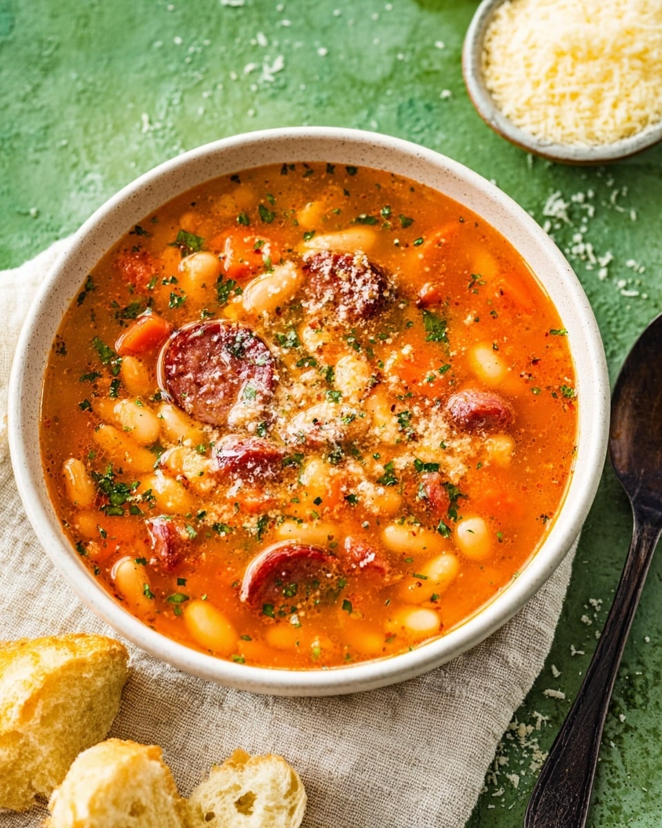 A white bowl filled with a tomato-based soup showing an orange-red broth with visible white beans, small carrot pieces, and dark red sausage slices. The soup is sprinkled with grated cheese and green herbs, giving a speckled texture on top. The bowl rests on a soft, off-white cloth on a green textured background. Nearby are two pieces of torn yellowish bread and a small white bowl filled with grated cheese, with a dark spoon partially visible to the right. photo taken with an iphone --ar 4:5 --v 7